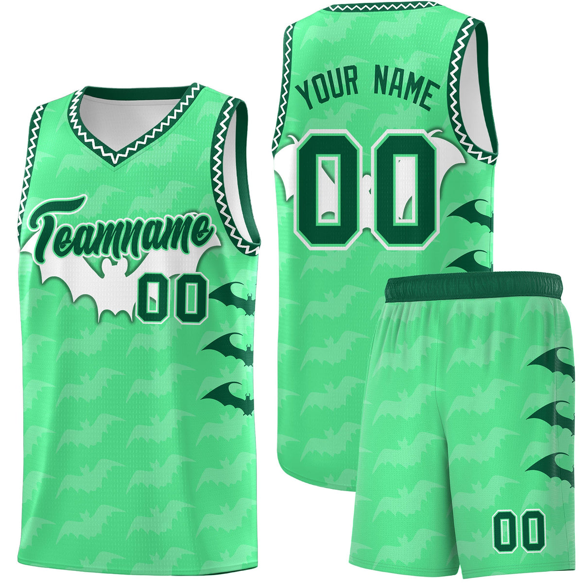Custom Green White Bat Pattern Halloween Basketball Jersey | For Men,For Kid,For Youth,Sublimation Printed,Perfect for Training,Perfect for Parties,Add Name and Numbern | KXKSHOP