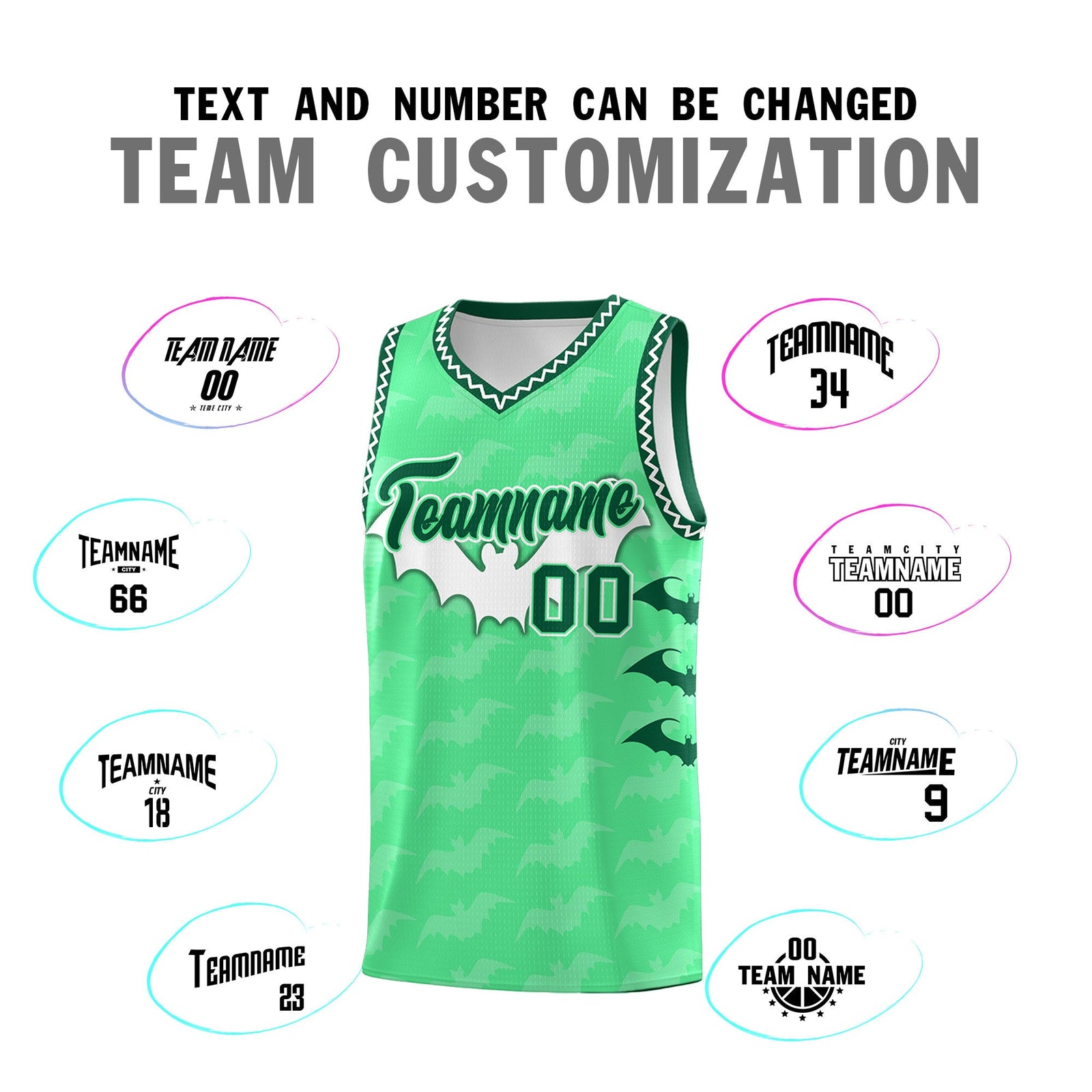 Custom Green White Bat Pattern Halloween Basketball Jersey | For Men,For Kid,For Youth,Sublimation Printed,Perfect for Training,Perfect for Parties,Add Name and Numbern | KXKSHOP