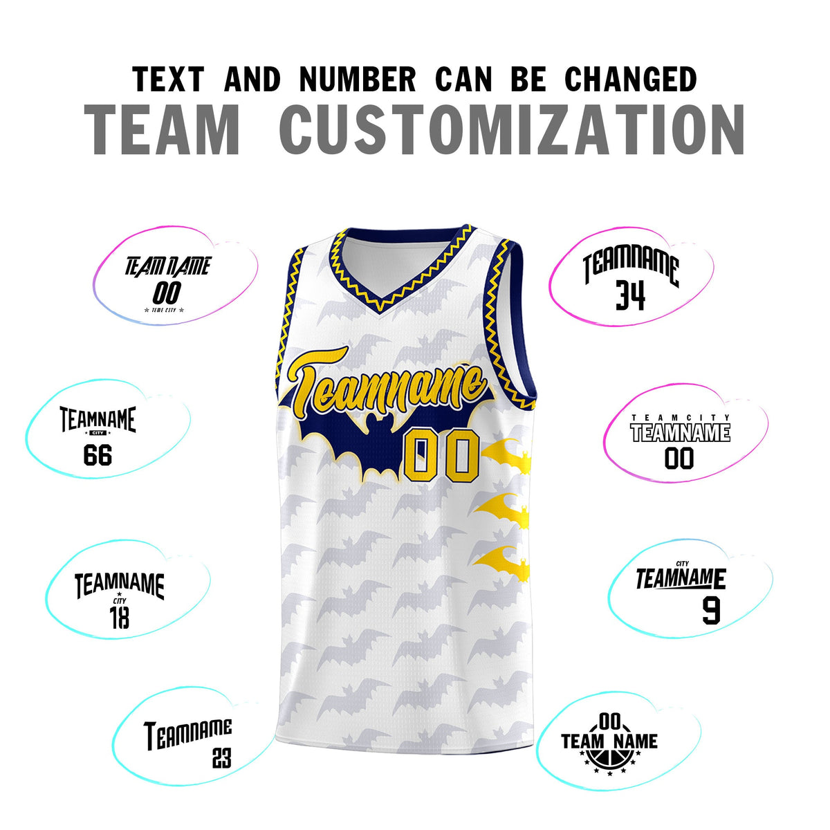 Custom White Gold Navy Bat Pattern Halloween Basketball Jersey | For Men,For Kid,For Youth,Sublimation Printed,Perfect for Training,Perfect for Parties,Add Name and Numbern | KXKSHOP