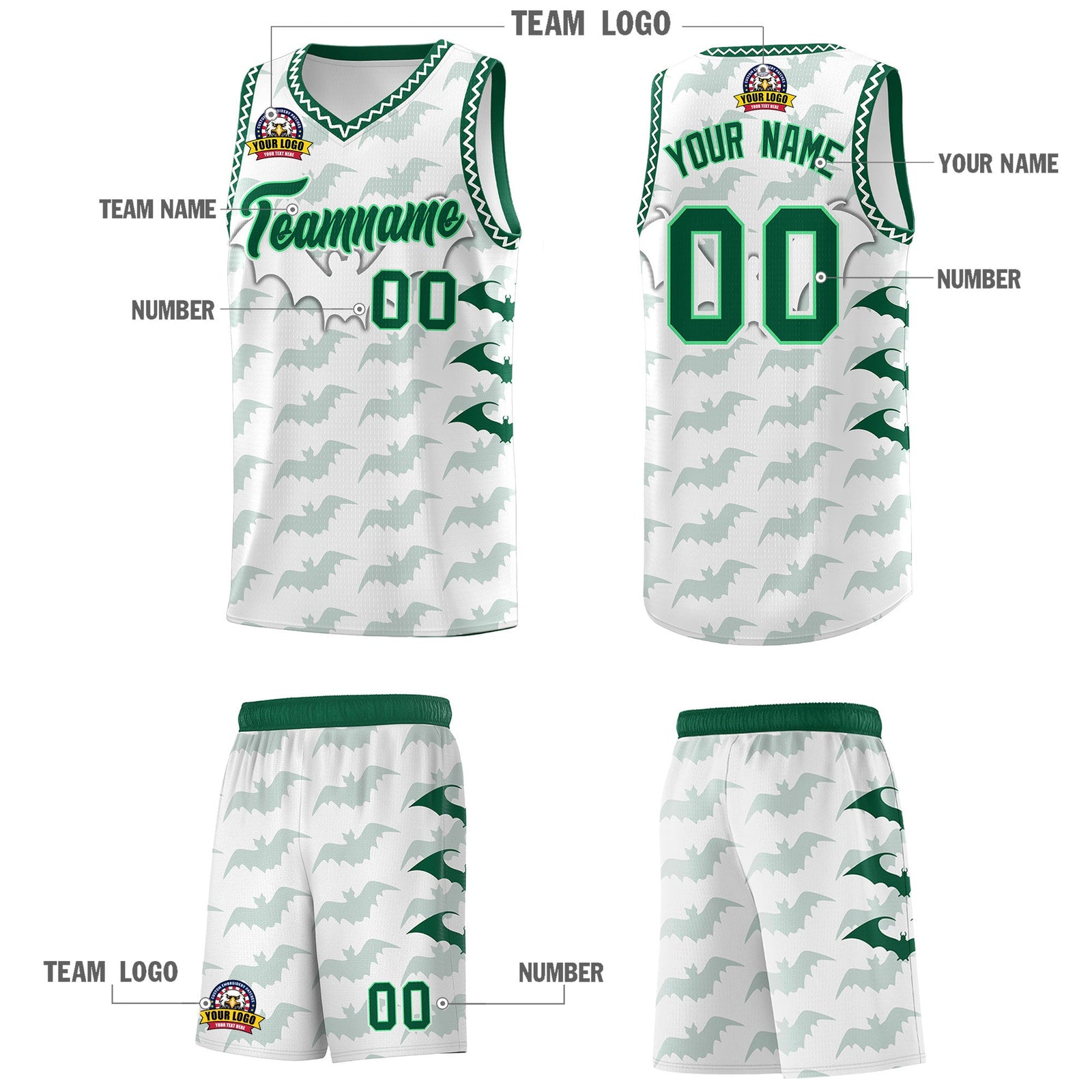 Custom White Kelly Green Bat Pattern Halloween Basketball Jersey | For Men,For Kid,For Youth,Sublimation Printed,Perfect for Training,Perfect for Parties,Add Name and Numbern | KXKSHOP