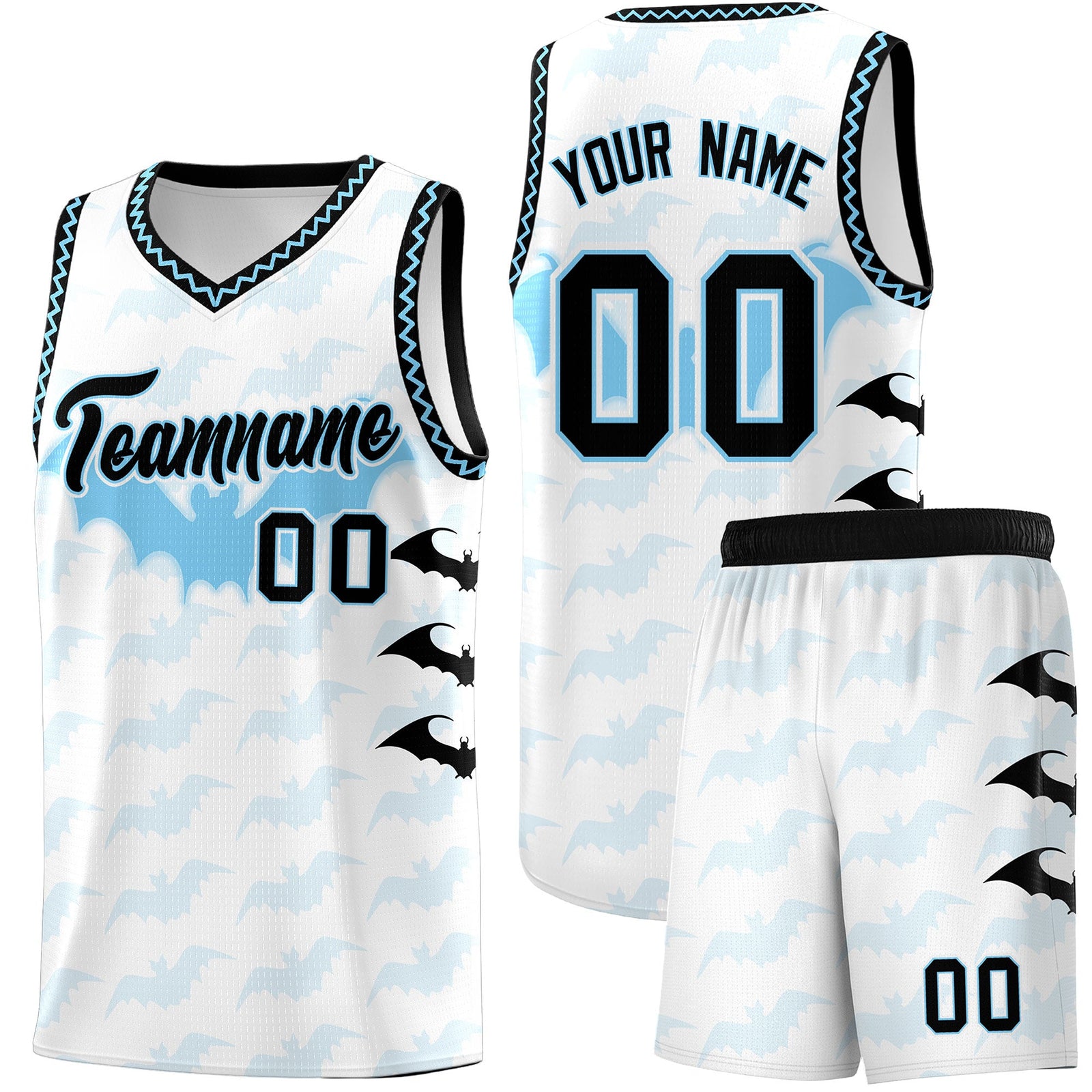 Custom White Light Blue Bat Pattern Halloween Basketball Jersey | For Men,For Kid,For Youth,Sublimation Printed,Perfect for Training,Perfect for Parties,Add Name and Numbern | KXKSHOP