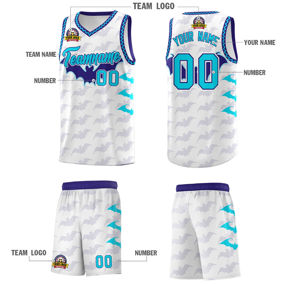 Custom White Sky Blue Bat Pattern Halloween Basketball Jersey | For Men,For Kid,For Youth,Sublimation Printed,Perfect for Training,Perfect for Parties,Add Name and Numbern | KXKSHOP