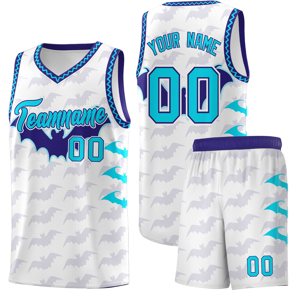 Custom White Sky Blue Bat Pattern Halloween Basketball Jersey | For Men,For Kid,For Youth,Sublimation Printed,Perfect for Training,Perfect for Parties,Add Name and Numbern | KXKSHOP