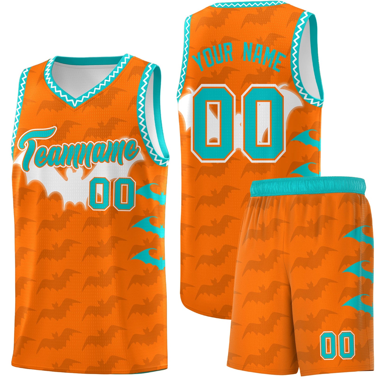 Custom Orange Aqua Bat Pattern Halloween Basketball Jersey | For Men,For Kid,For Youth,Sublimation Printed,Perfect for Training,Perfect for Parties,Add Name and Numbern | KXKSHOP