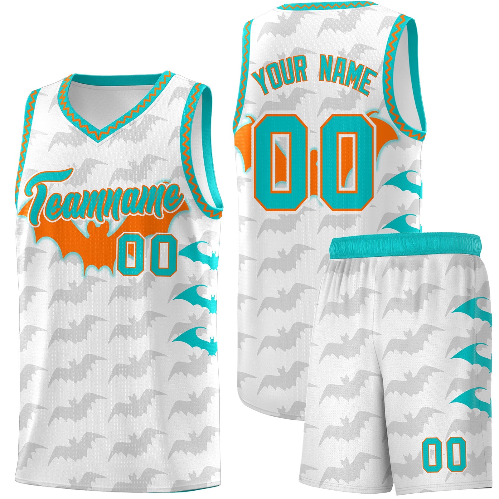 Custom White Orange Aqua Bat Pattern Halloween Basketball Jersey | For Men,For Kid,For Youth,Sublimation Printed,Perfect for Training,Perfect for Parties,Add Name and Numbern | KXKSHOP