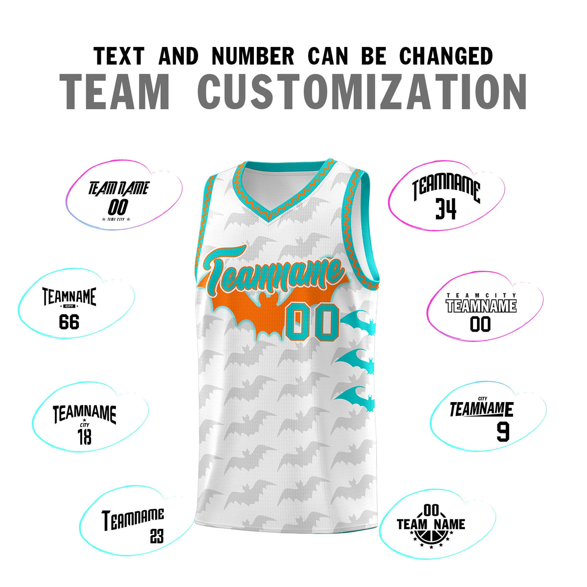 Custom White Orange Aqua Bat Pattern Halloween Basketball Jersey | For Men,For Kid,For Youth,Sublimation Printed,Perfect for Training,Perfect for Parties,Add Name and Numbern | KXKSHOP