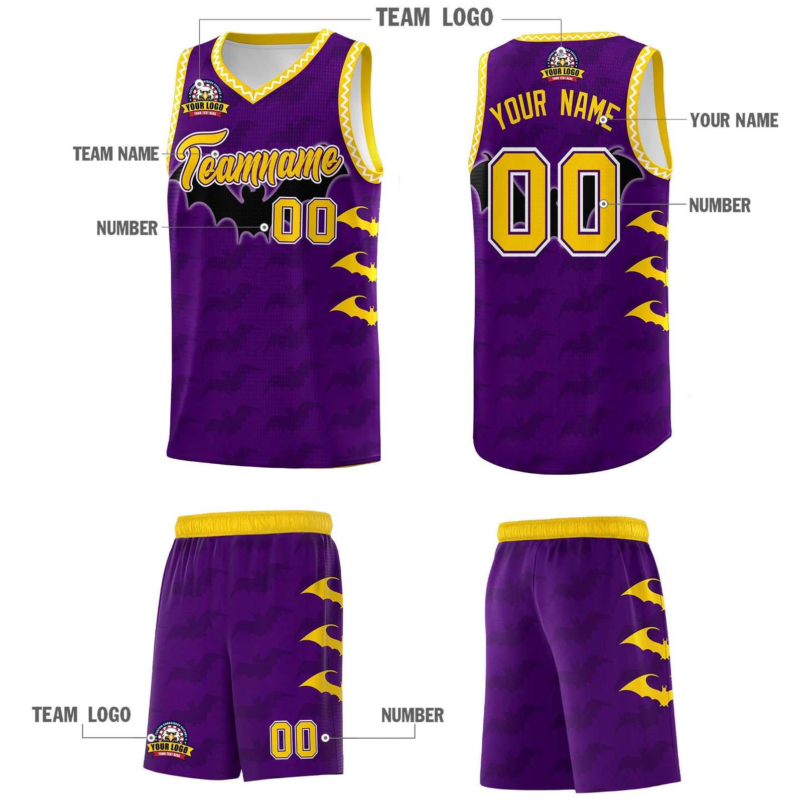 Custom Purple Gold White Bat Pattern Halloween Basketball Jersey | For Men,For Kid,For Youth,Sublimation Printed,Perfect for Training,Perfect for Parties,Add Name and Numbern | KXKSHOP