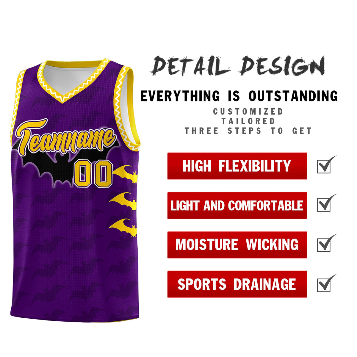 Custom Purple Gold White Bat Pattern Halloween Basketball Jersey | For Men,For Kid,For Youth,Sublimation Printed,Perfect for Training,Perfect for Parties,Add Name and Numbern | KXKSHOP