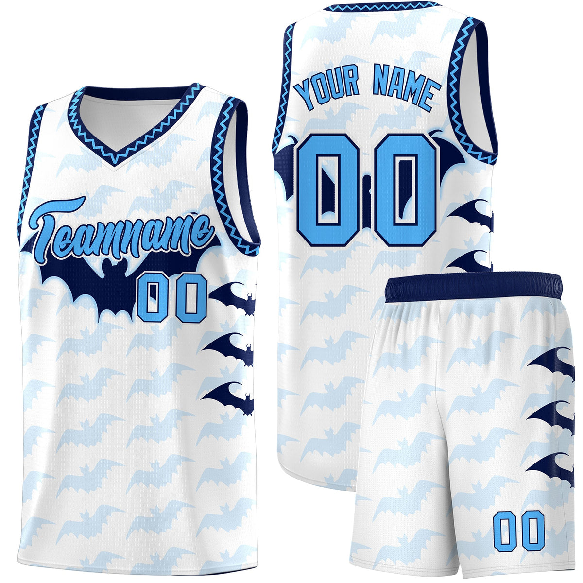 Custom White Powder Blue Bat Pattern Halloween Basketball Jersey | For Men,For Kid,For Youth,Sublimation Printed,Perfect for Training,Perfect for Parties,Add Name and Numbern | KXKSHOP