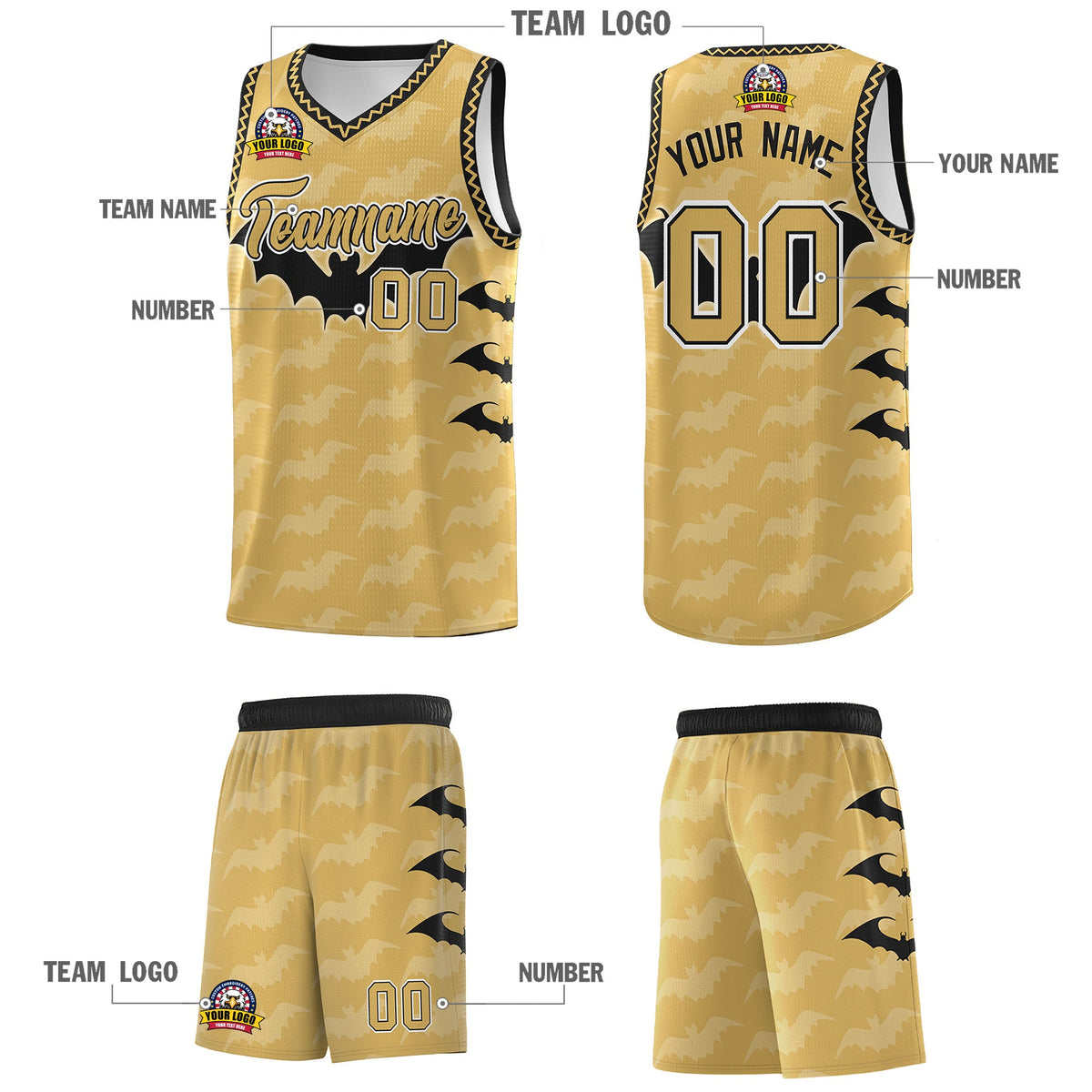 Custom Old Gold Black White Bat Pattern Halloween Basketball Jersey | For Men,For Kid,For Youth,Sublimation Printed,Perfect for Training,Perfect for Parties,Add Name and Numbern | KXKSHOP