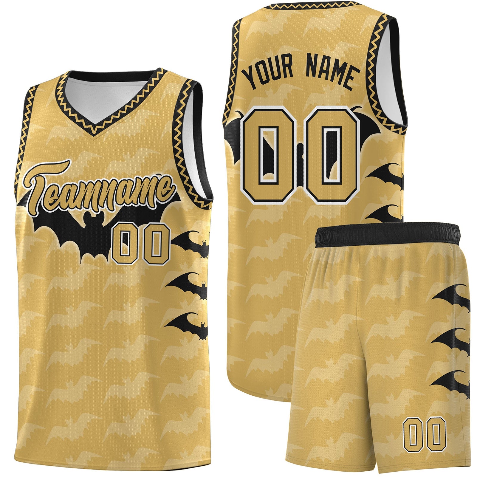 Custom Old Gold Black White Bat Pattern Halloween Basketball Jersey | For Men,For Kid,For Youth,Sublimation Printed,Perfect for Training,Perfect for Parties,Add Name and Numbern | KXKSHOP