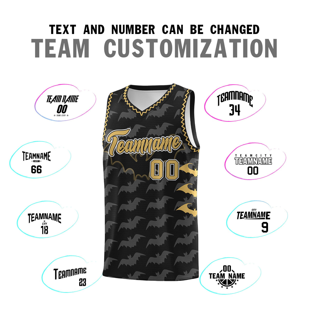 Custom Black Old Gold White Bat Pattern Halloween Basketball Jersey | For Men,For Kid,For Youth,Sublimation Printed,Perfect for Training,Perfect for Parties,Add Name and Numbern | KXKSHOP