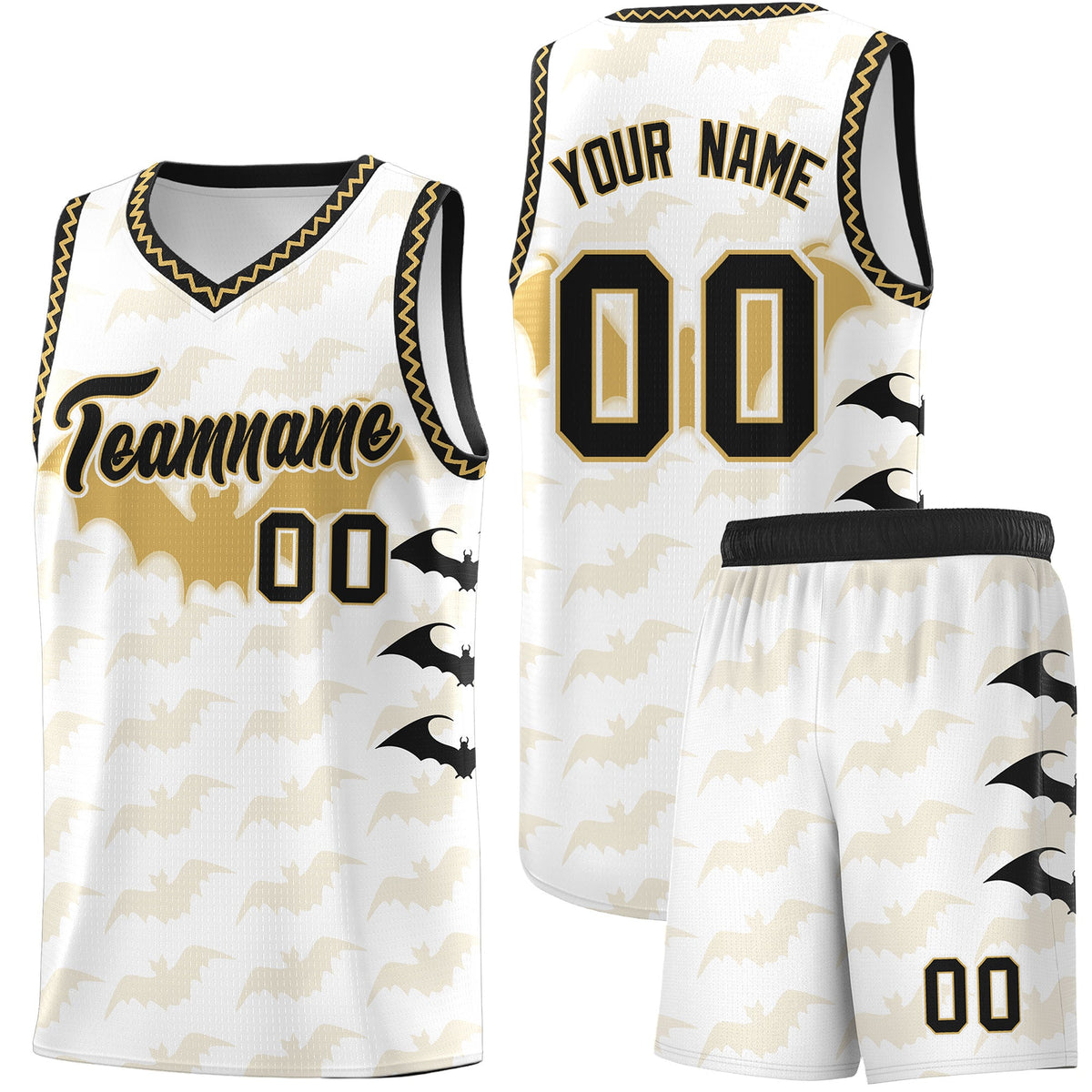 Custom White Old Gold Bat Pattern Halloween Basketball Jersey | For Men,For Kid,For Youth,Sublimation Printed,Perfect for Training,Perfect for Parties,Add Name and Numbern | KXKSHOP