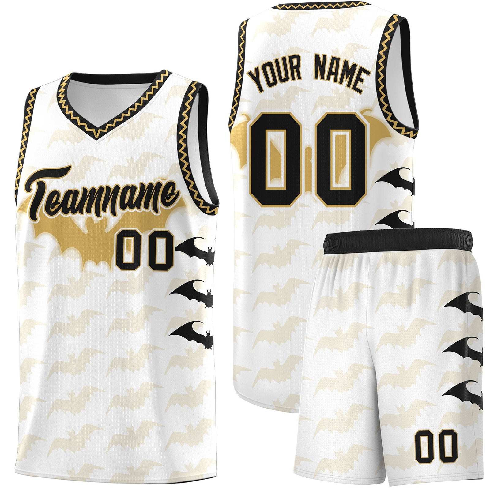 Custom White Old Gold Bat Pattern Halloween Basketball Jersey | For Men,For Kid,For Youth,Sublimation Printed,Perfect for Training,Perfect for Parties,Add Name and Numbern | KXKSHOP