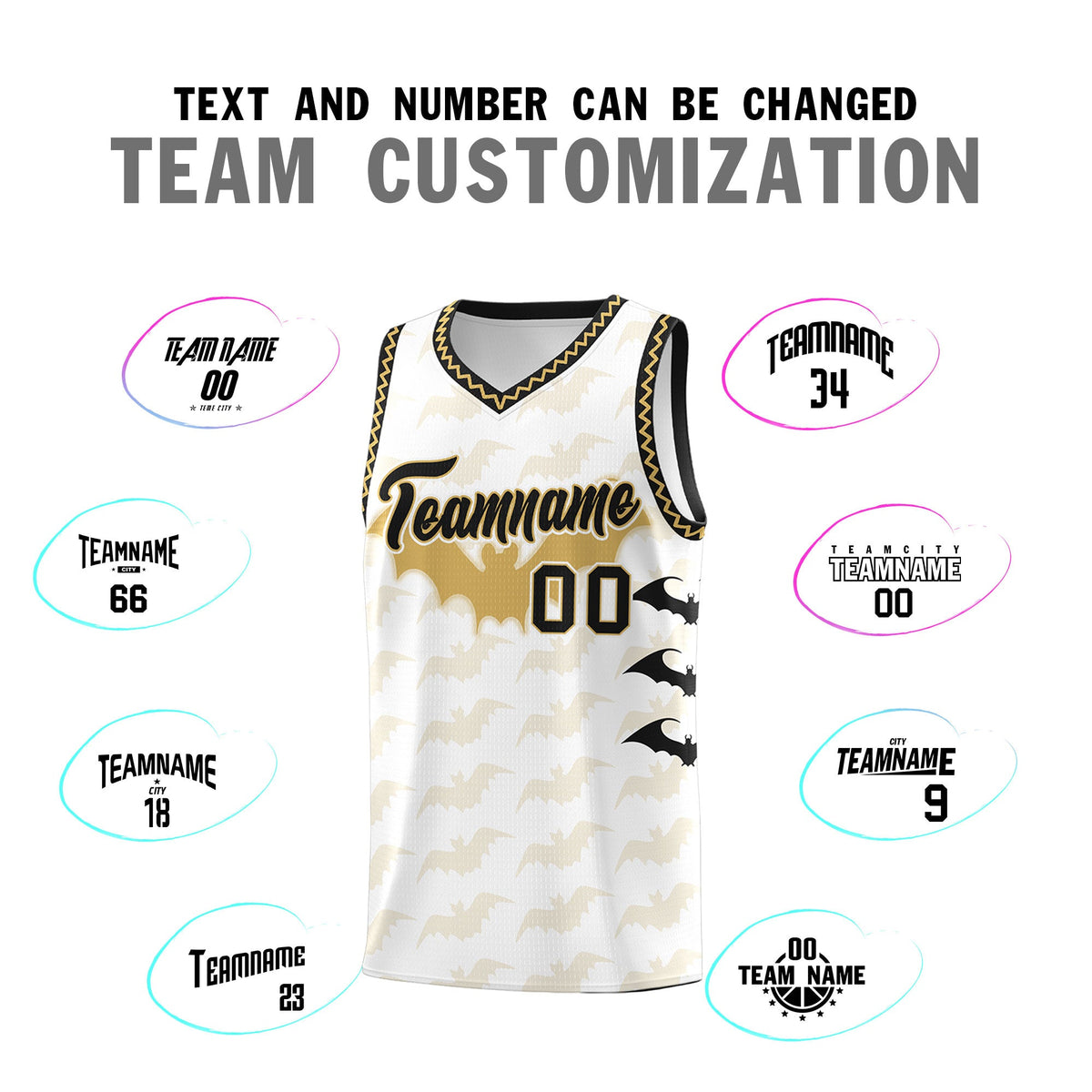 Custom White Old Gold Bat Pattern Halloween Basketball Jersey | For Men,For Kid,For Youth,Sublimation Printed,Perfect for Training,Perfect for Parties,Add Name and Numbern | KXKSHOP