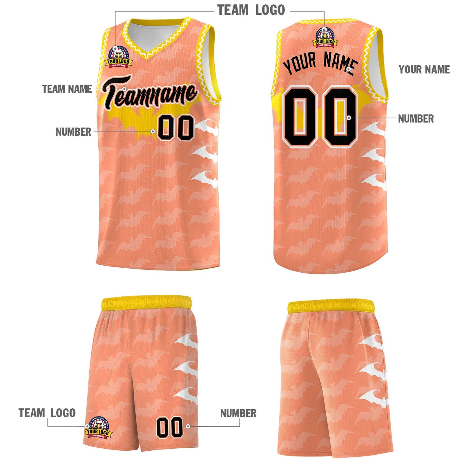 Custom Light Orange White Bat Pattern Halloween Basketball Jersey | For Men,For Kid,For Youth,Sublimation Printed,Perfect for Training,Perfect for Parties,Add Name and Numbern | KXKSHOP