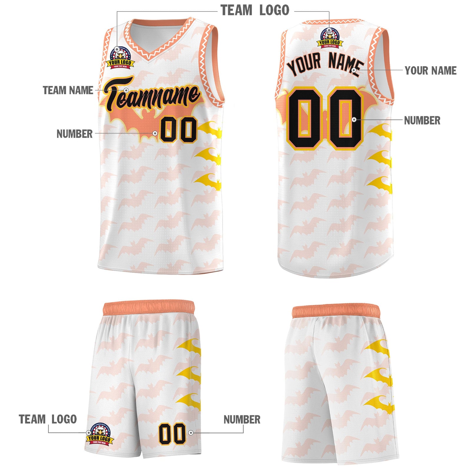 Custom White Gold Light Orange Bat Pattern Halloween Basketball Jersey | For Men,For Kid,For Youth,Sublimation Printed,Perfect for Training,Perfect for Parties,Add Name and Numbern | KXKSHOP