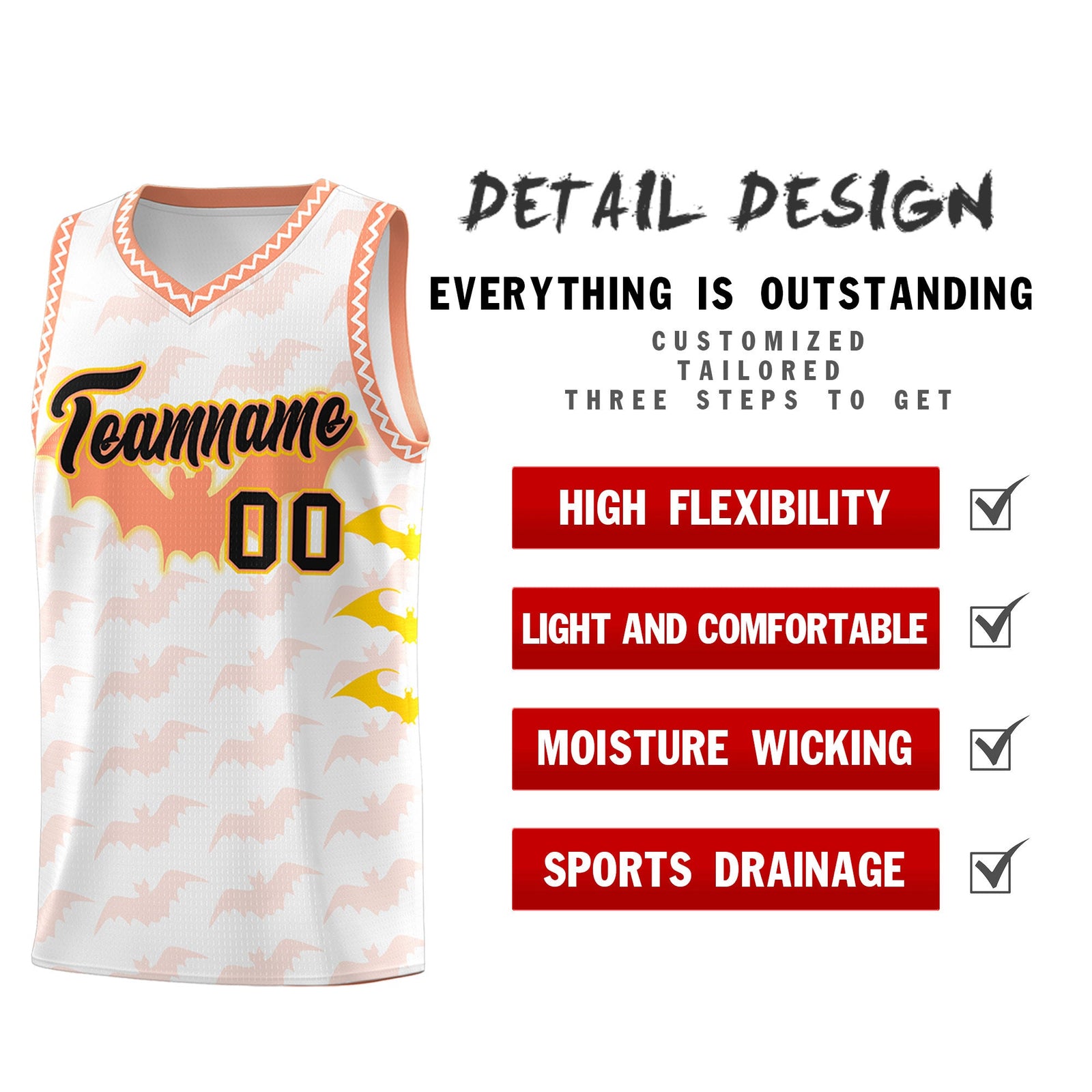 Custom White Gold Light Orange Bat Pattern Halloween Basketball Jersey | For Men,For Kid,For Youth,Sublimation Printed,Perfect for Training,Perfect for Parties,Add Name and Numbern | KXKSHOP