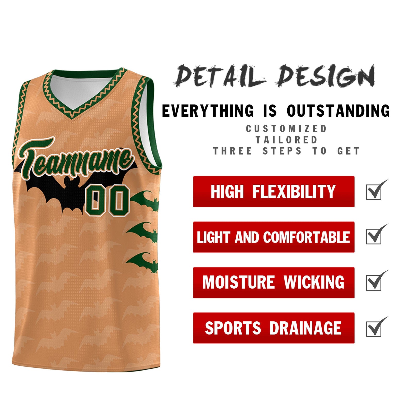 Custom Buckskin Brown Bat Pattern Halloween Basketball Jersey | For Men,For Kid,For Youth,Sublimation Printed,Perfect for Training,Perfect for Parties,Add Name and Numbern | KXKSHOP