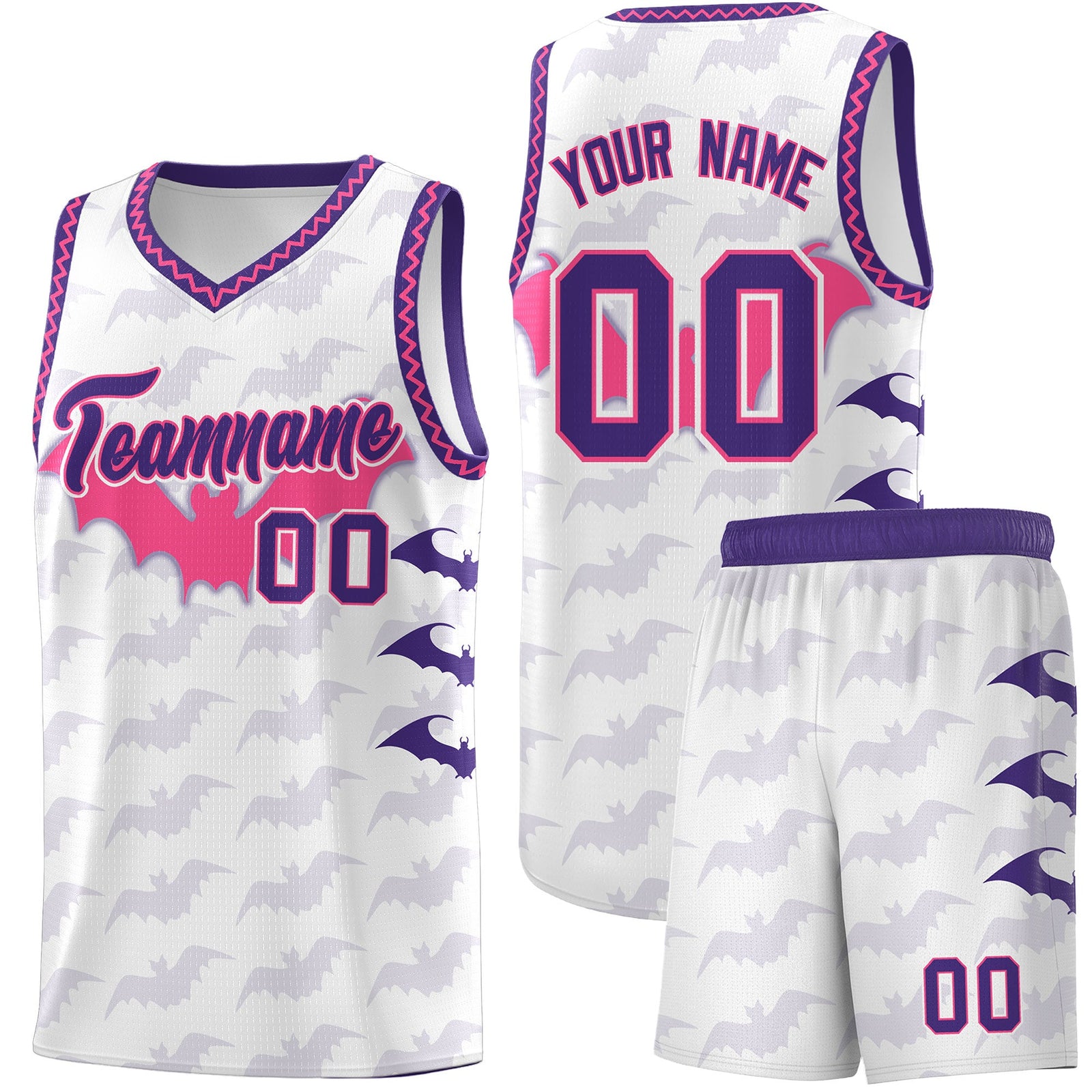 Custom White Pink Purple Bat Pattern Halloween Basketball Jersey | For Men,For Kid,For Youth,Sublimation Printed,Perfect for Training,Perfect for Parties,Add Name and Numbern | KXKSHOP