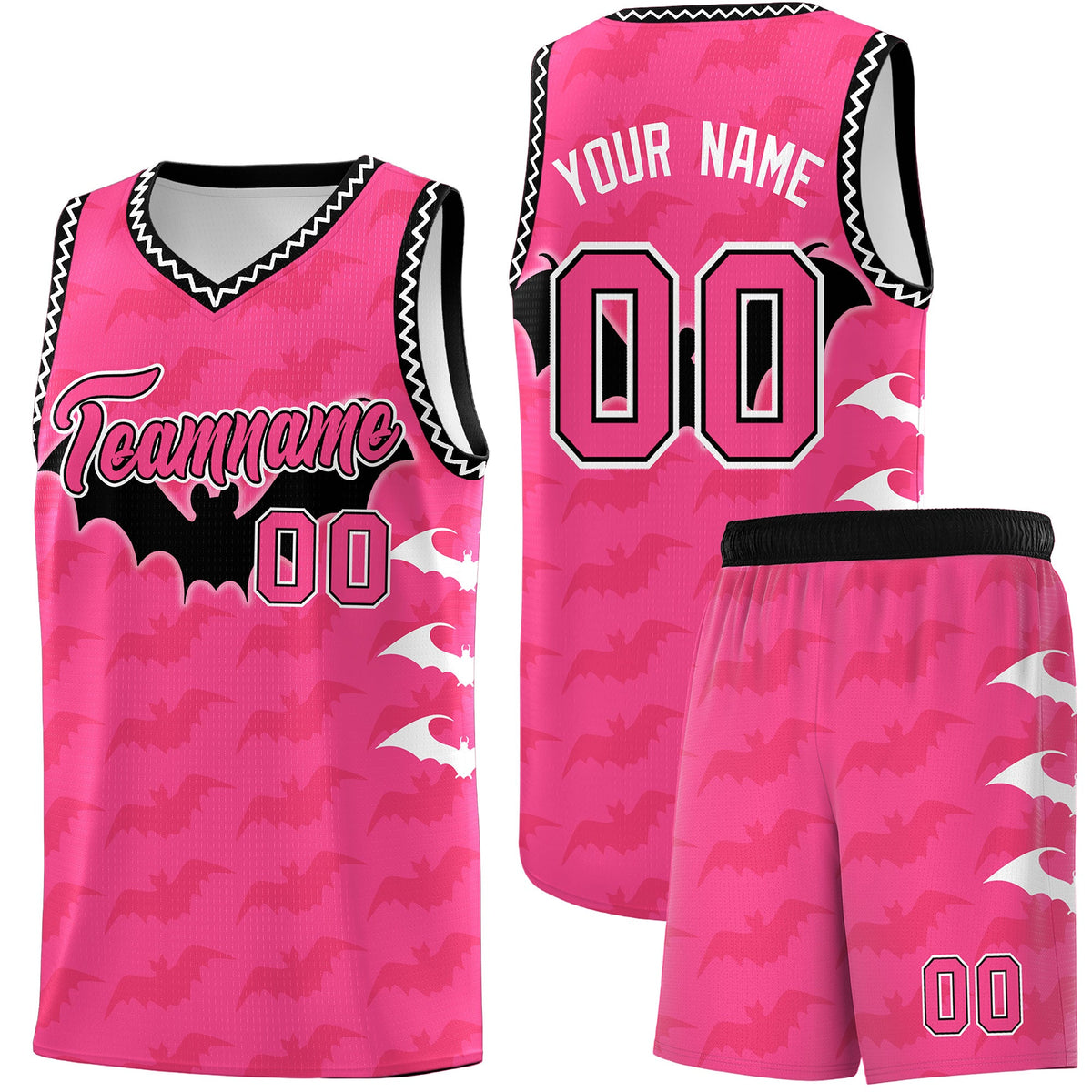 Custom Pink Black White Bat Pattern Halloween Basketball Jersey | For Men,For Kid,For Youth,Sublimation Printed,Perfect for Training,Perfect for Parties,Add Name and Numbern | KXKSHOP