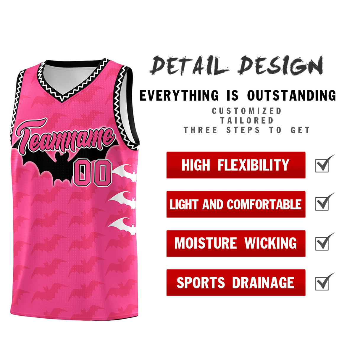 Custom Pink Black White Bat Pattern Halloween Basketball Jersey | For Men,For Kid,For Youth,Sublimation Printed,Perfect for Training,Perfect for Parties,Add Name and Numbern | KXKSHOP