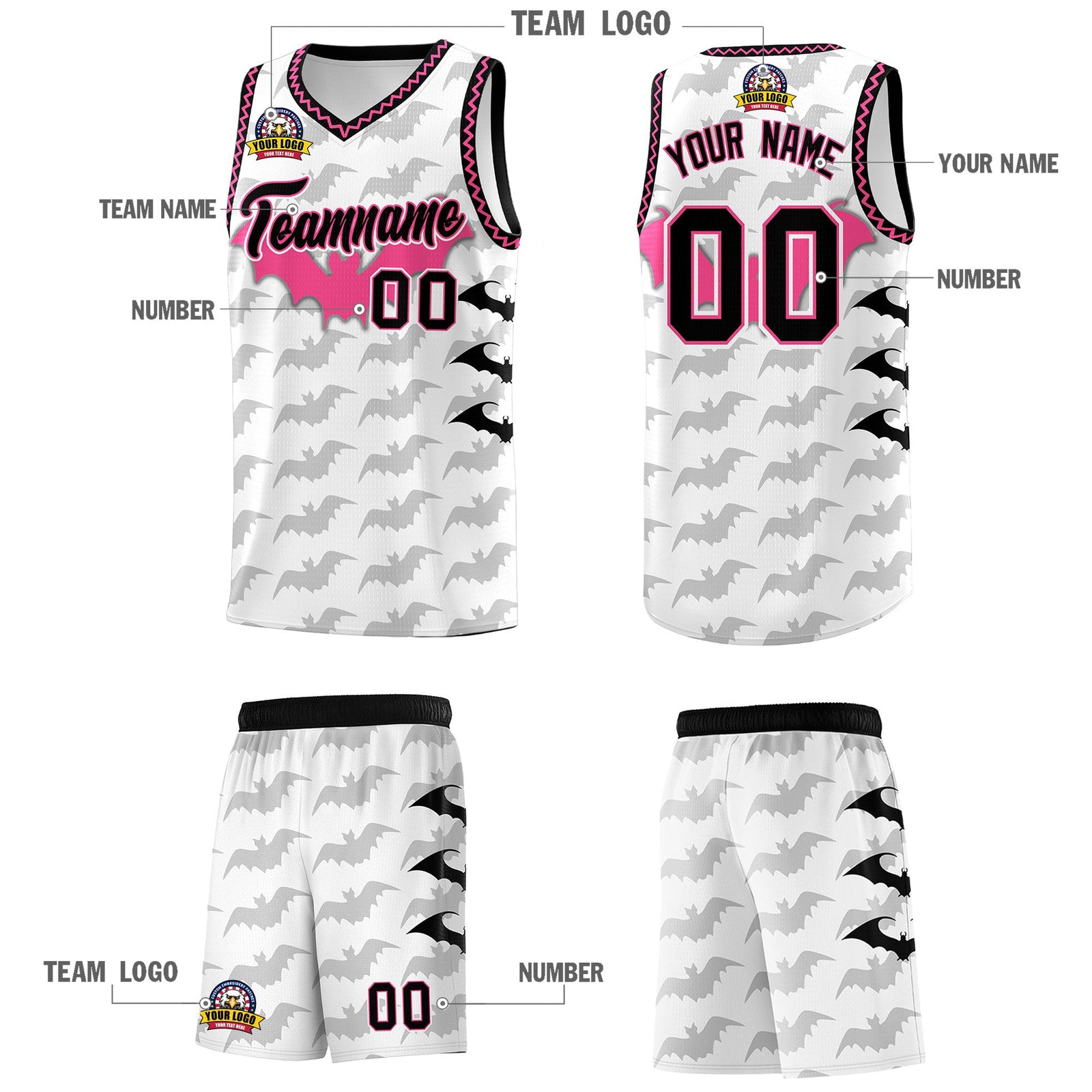 Custom White Black Pink Bat Pattern Halloween Basketball Jersey | For Men,For Kid,For Youth,Sublimation Printed,Perfect for Training,Perfect for Parties,Add Name and Numbern | KXKSHOP