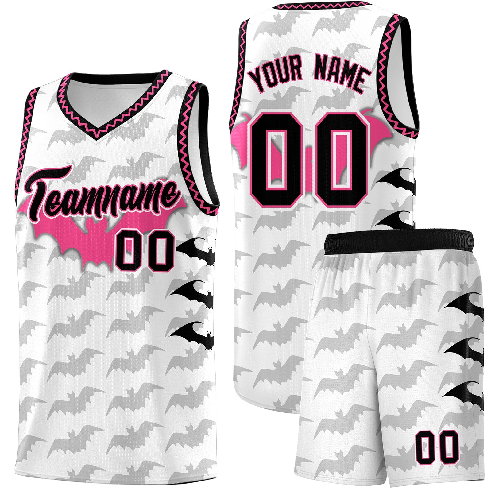 Custom White Black Pink Bat Pattern Halloween Basketball Jersey | For Men,For Kid,For Youth,Sublimation Printed,Perfect for Training,Perfect for Parties,Add Name and Numbern | KXKSHOP