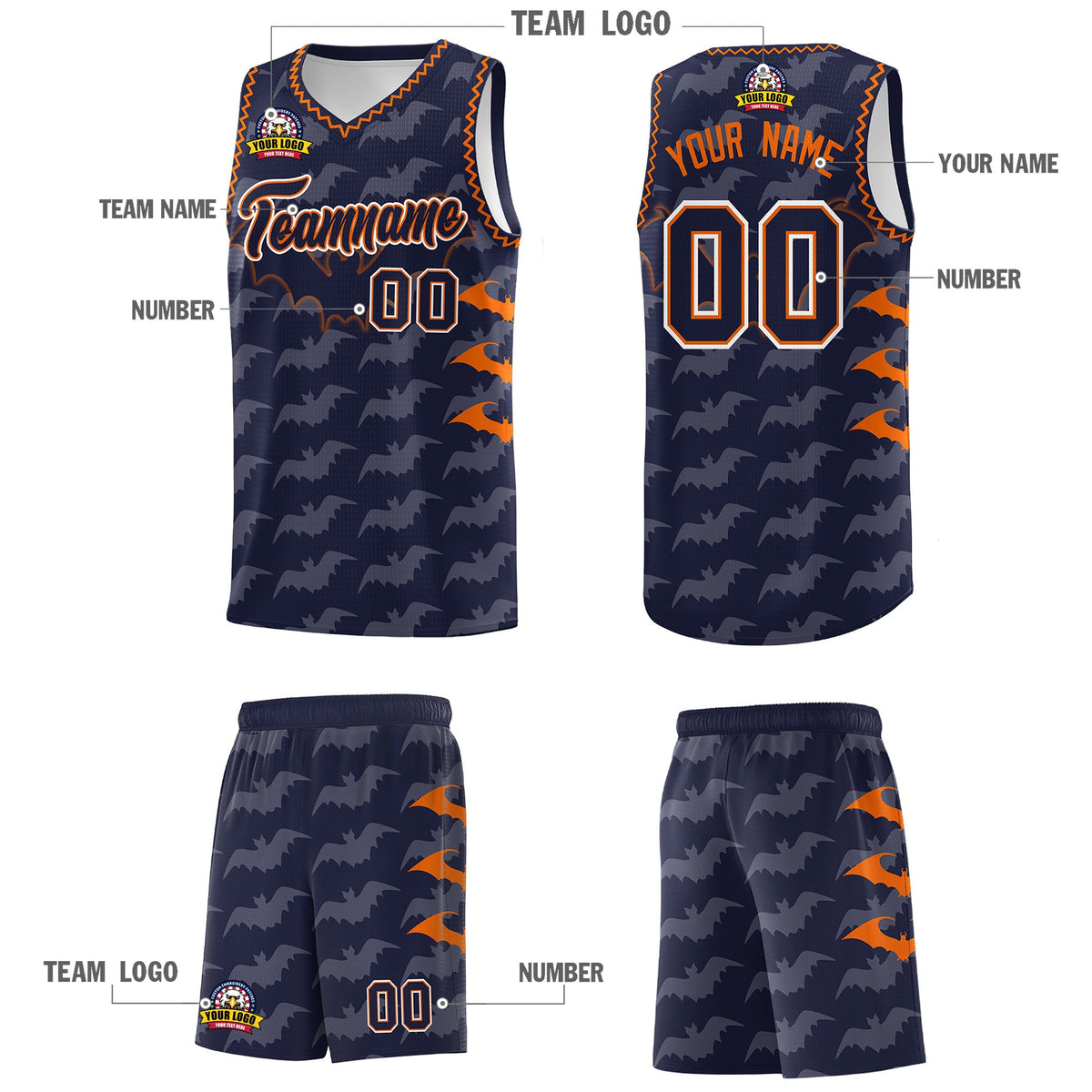 Custom Navy Orange Bat Pattern Halloween Basketball Jersey | For Men,For Kid,For Youth,Sublimation Printed,Perfect for Training,Perfect for Parties,Add Name and Numbern | KXKSHOP