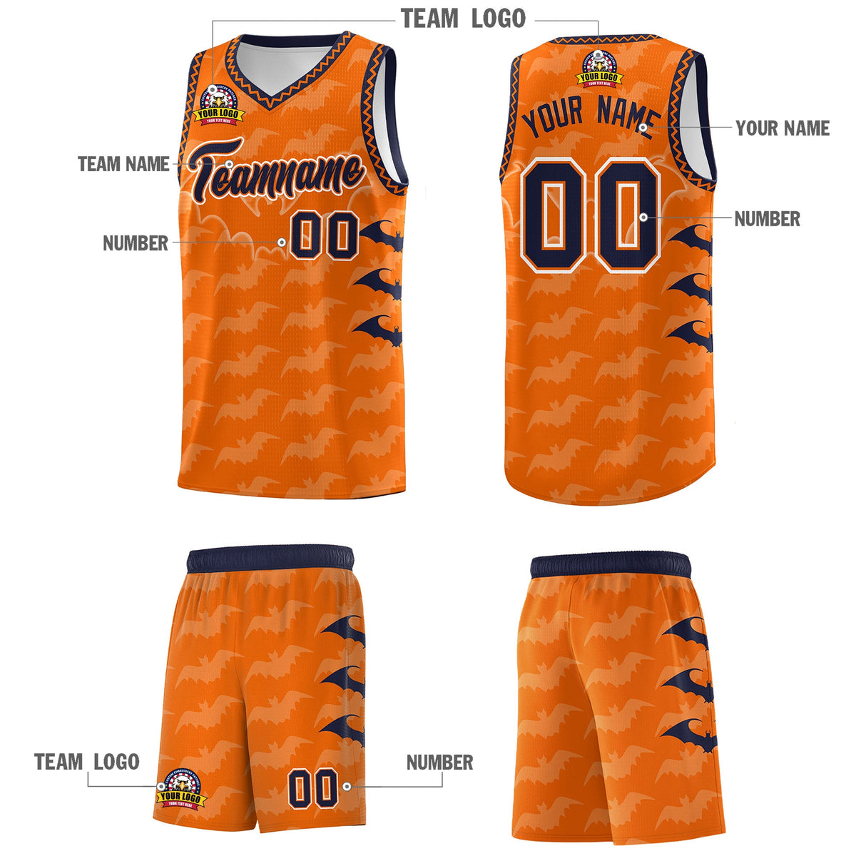 Custom Orange Navy White Bat Pattern Halloween Basketball Jersey | For Men,For Kid,For Youth,Sublimation Printed,Perfect for Training,Perfect for Parties,Add Name and Numbern | KXKSHOP