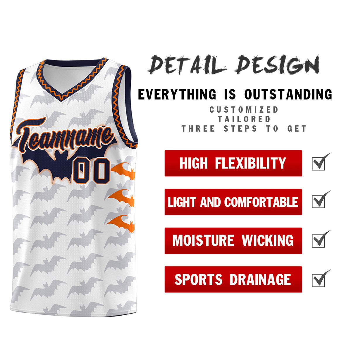 Custom White Orange Navy Bat Pattern Halloween Basketball Jersey | For Men,For Kid,For Youth,Sublimation Printed,Perfect for Training,Perfect for Parties,Add Name and Numbern | KXKSHOP