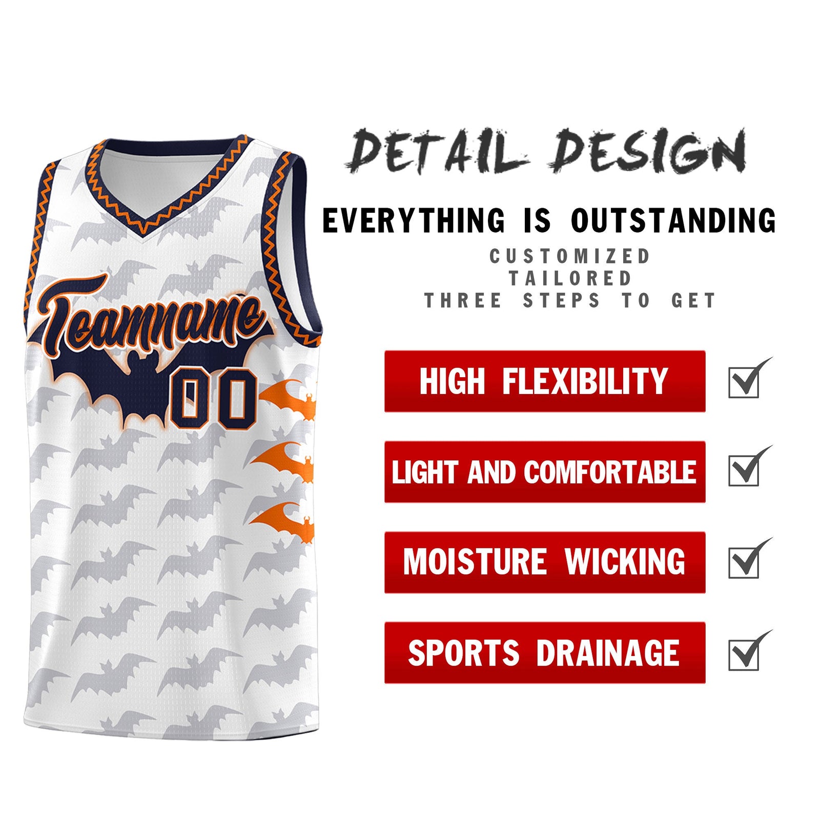 Custom White Orange Navy Bat Pattern Halloween Basketball Jersey | For Men,For Kid,For Youth,Sublimation Printed,Perfect for Training,Perfect for Parties,Add Name and Numbern | KXKSHOP