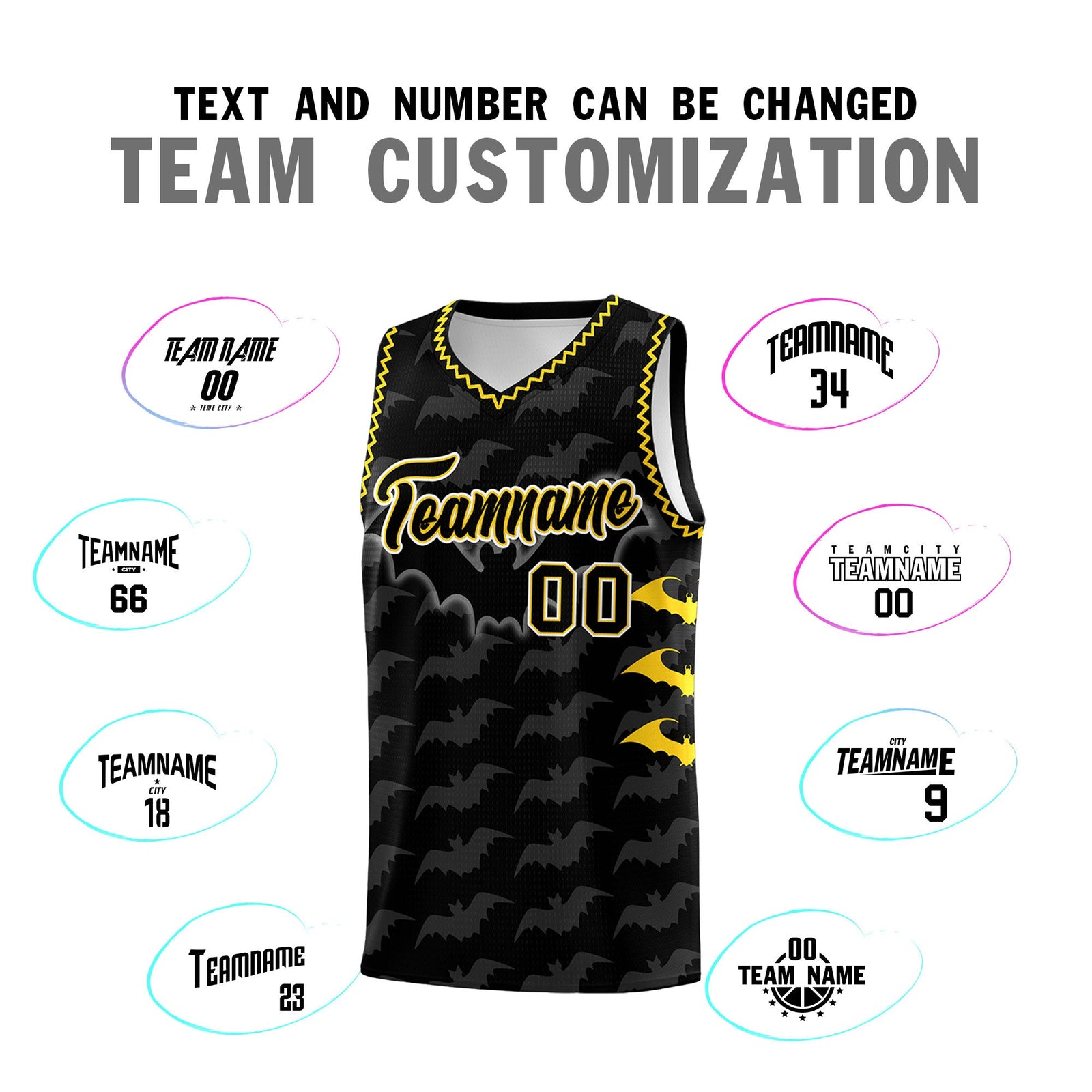 Custom Black Gold Bat Pattern Halloween Basketball Jersey | For Men,For Kid,For Youth,Sublimation Printed,Perfect for Training,Perfect for Parties,Add Name and Numbern | KXKSHOP