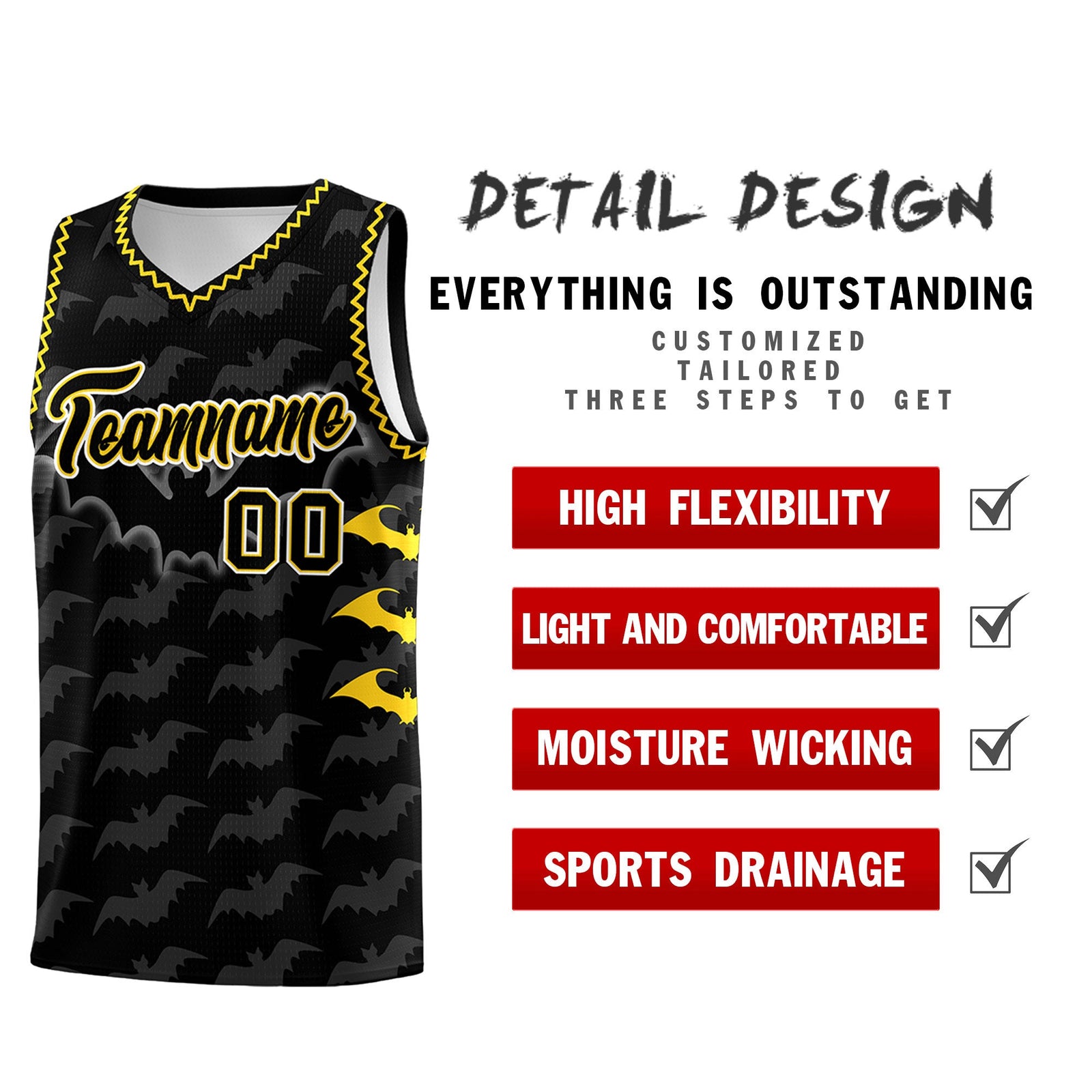 Custom Black Gold Bat Pattern Halloween Basketball Jersey | For Men,For Kid,For Youth,Sublimation Printed,Perfect for Training,Perfect for Parties,Add Name and Numbern | KXKSHOP