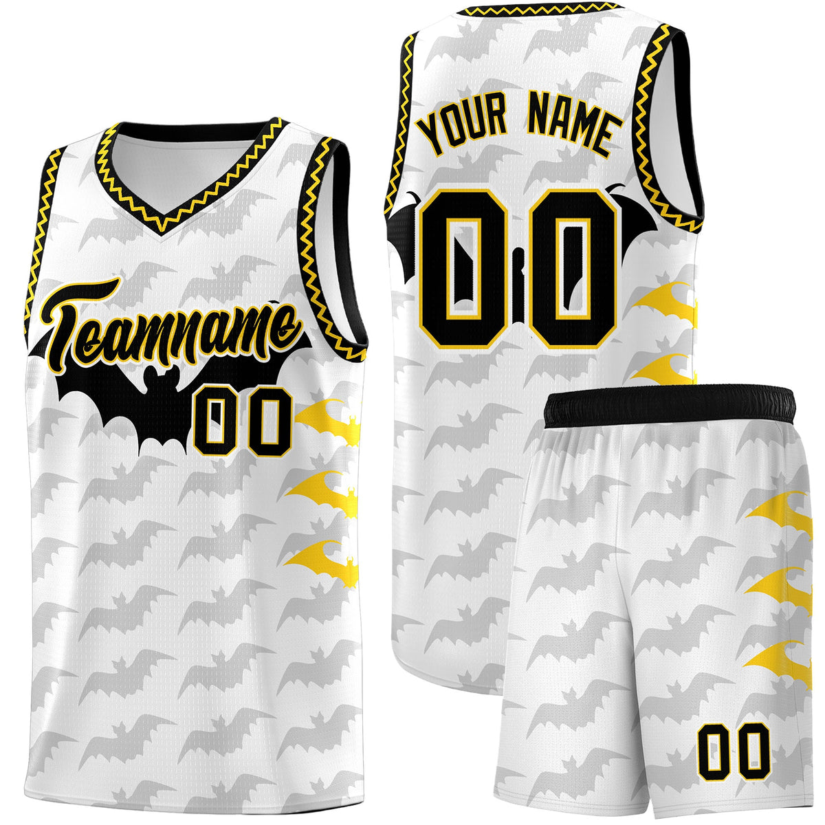 Custom White Gold Black Bat Pattern Halloween Basketball Jersey | For Men,For Kid,For Youth,Sublimation Printed,Perfect for Training,Perfect for Parties,Add Name and Numbern | KXKSHOP