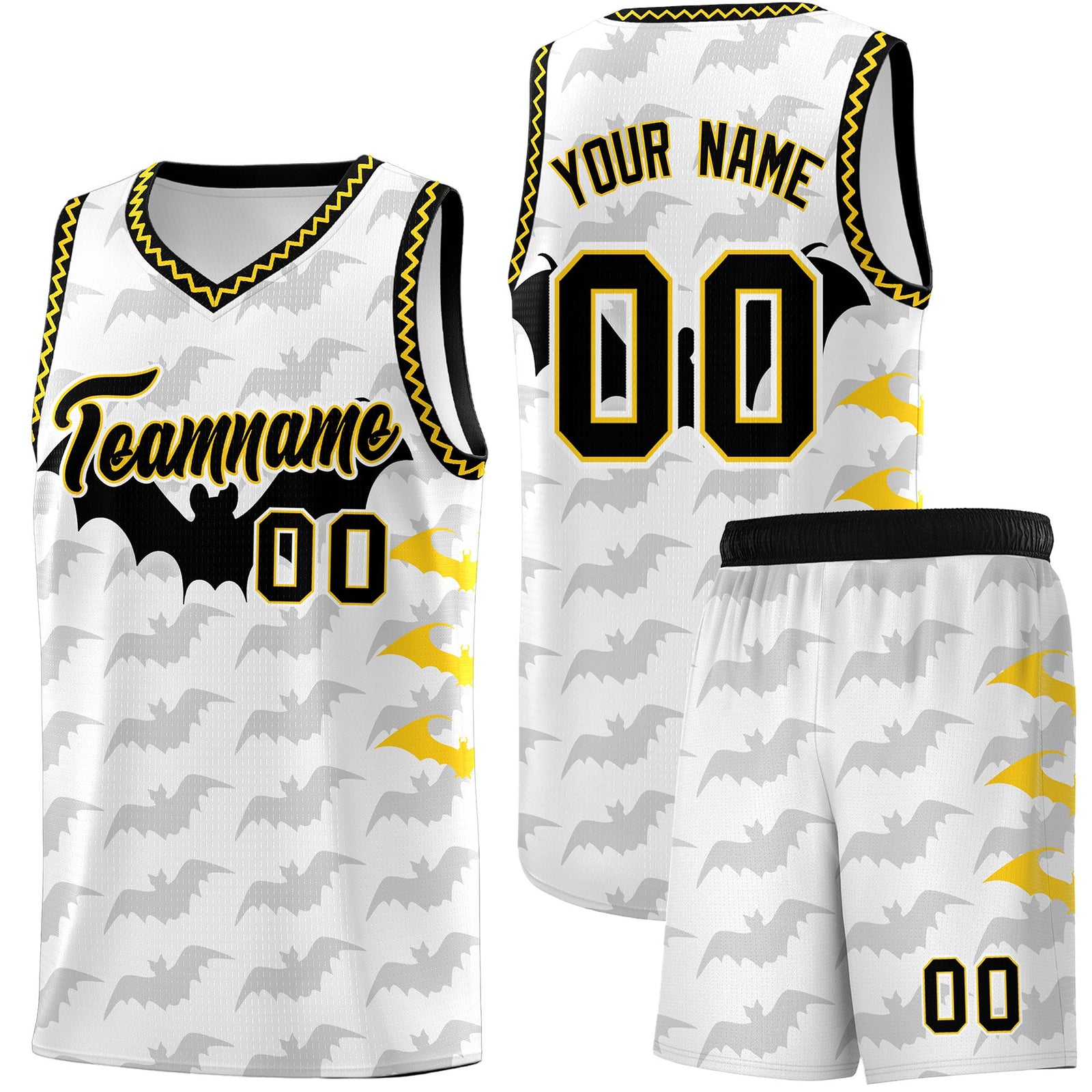 Custom White Gold Black Bat Pattern Halloween Basketball Jersey | For Men,For Kid,For Youth,Sublimation Printed,Perfect for Training,Perfect for Parties,Add Name and Numbern | KXKSHOP