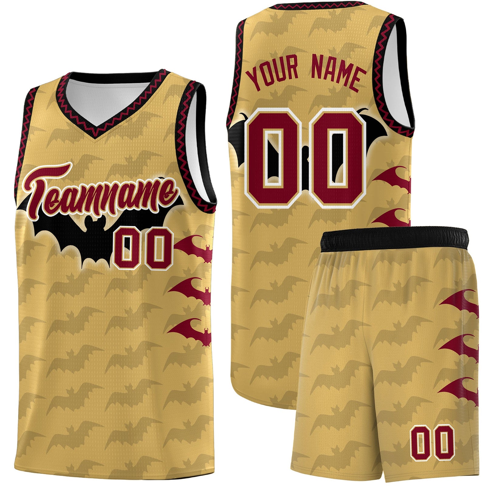 Custom Old Gold Crimson Bat Pattern Halloween Basketball Jersey | For Men,For Kid,For Youth,Sublimation Printed,Perfect for Training,Perfect for Parties,Add Name and Numbern | KXKSHOP