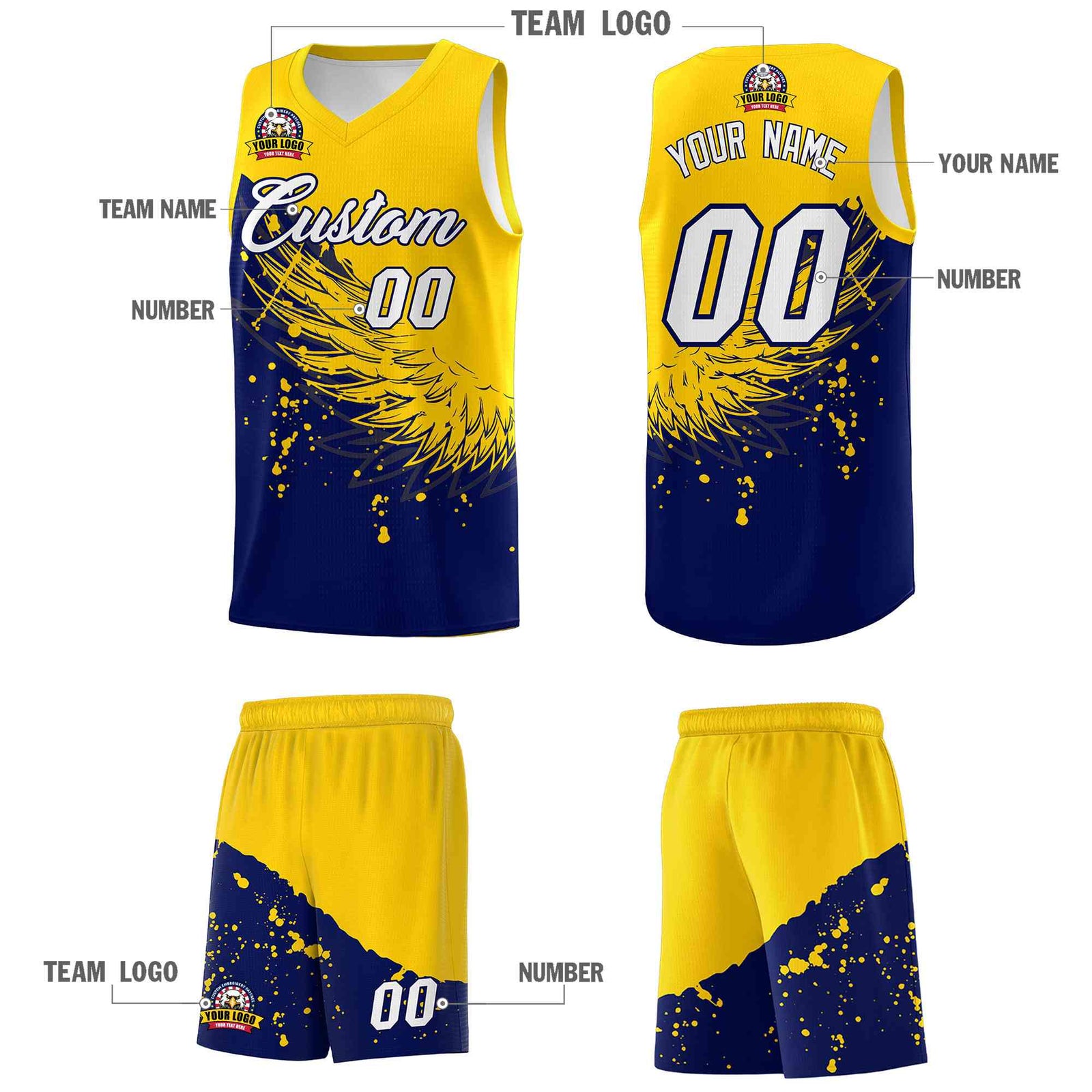 Custom Navy Gold Wing Pattern Sports Uniform Basketball Jersey