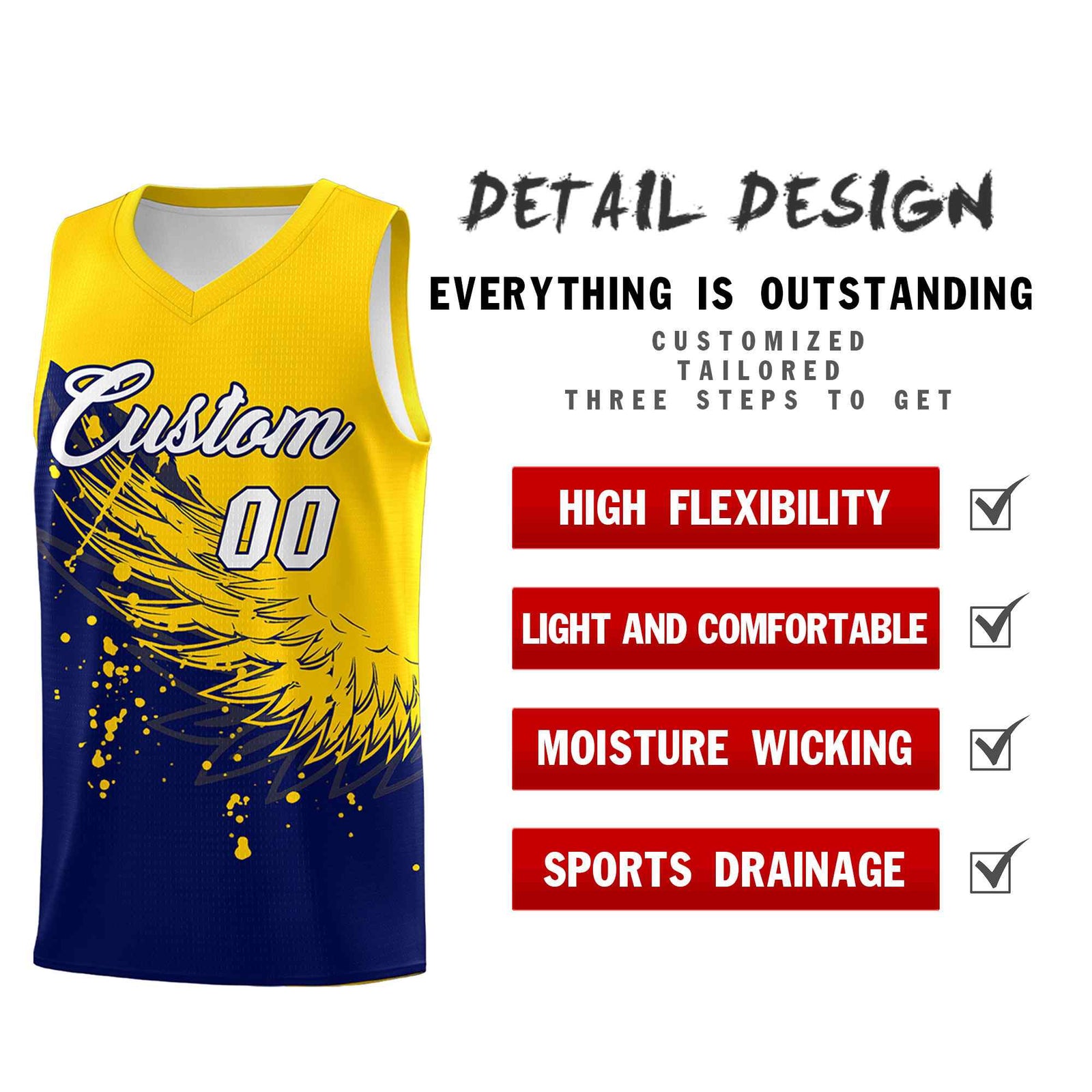 Custom Navy Gold Wing Pattern Sports Uniform Basketball Jersey| KXKSHOP