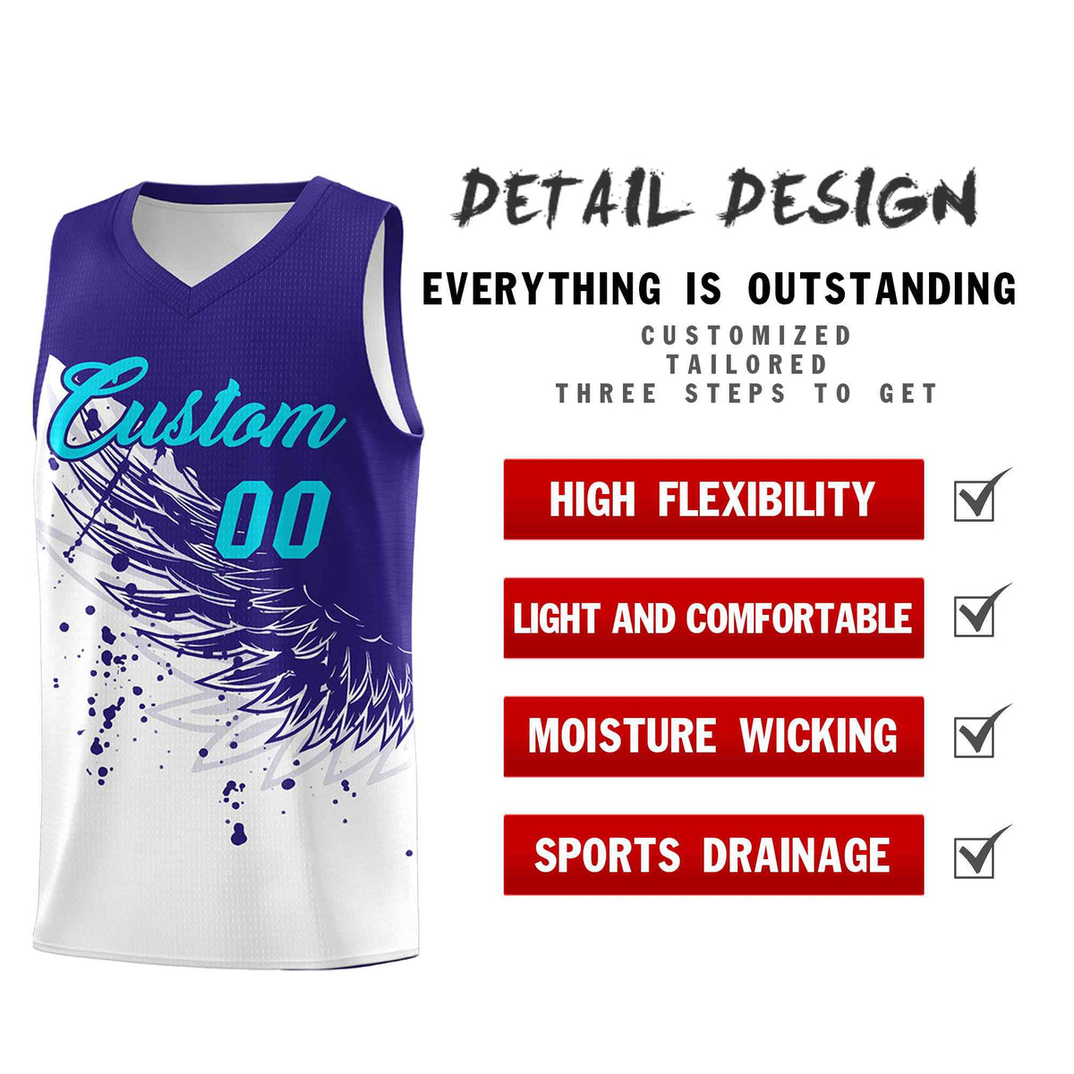 Custom White Royal Wing Pattern Sports Uniform Basketball Jersey| KXKSHOP