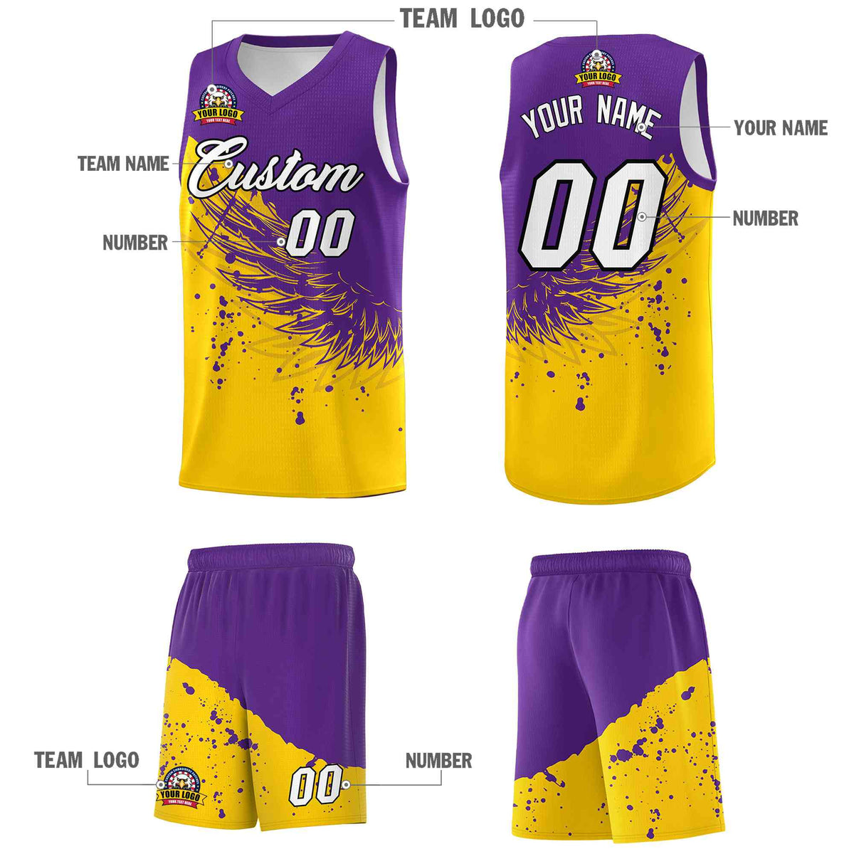 Custom Gold Purple Wing Pattern Sports Uniform Basketball Jersey