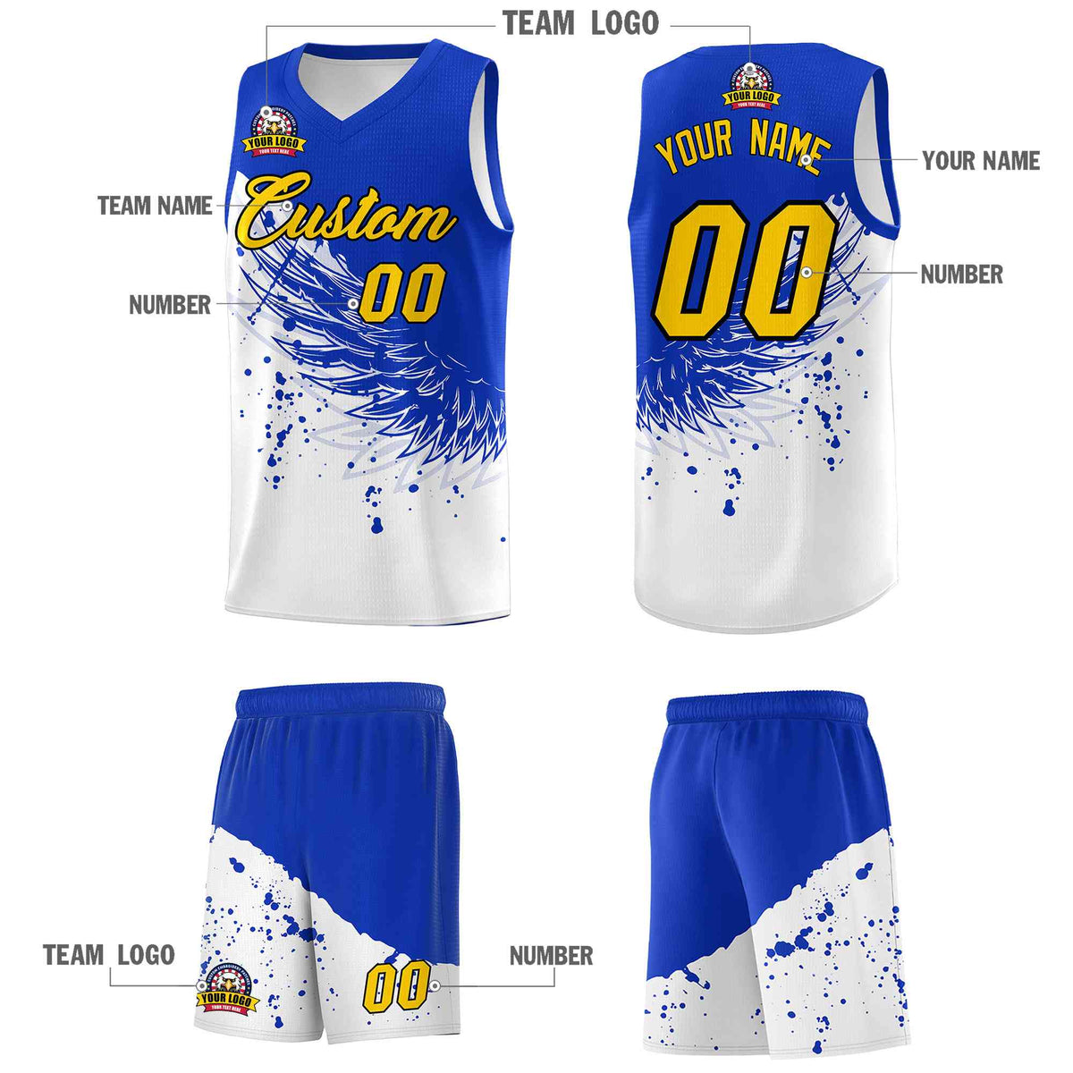 Custom White Royal Wing Pattern Sports Uniform Basketball Jersey