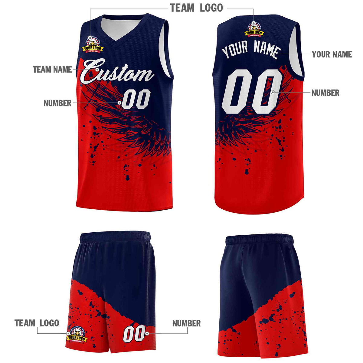 Custom Red Navy Wing Pattern Sports Uniform Basketball Jersey| KXKSHOP