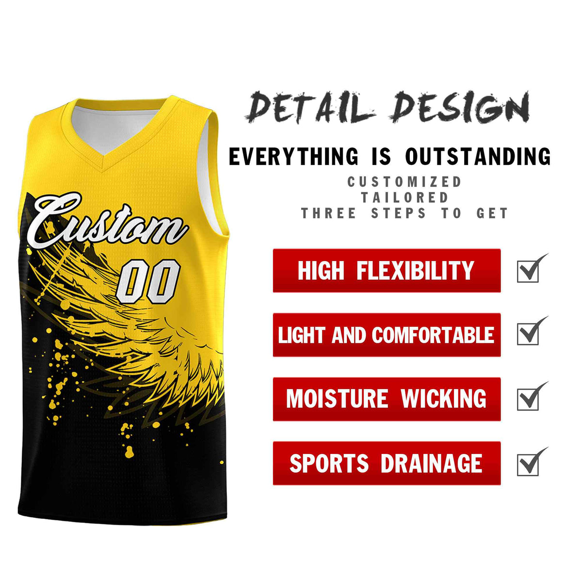 Custom Black Gold Wing Pattern Sports Uniform Basketball Jersey| KXKSHOP