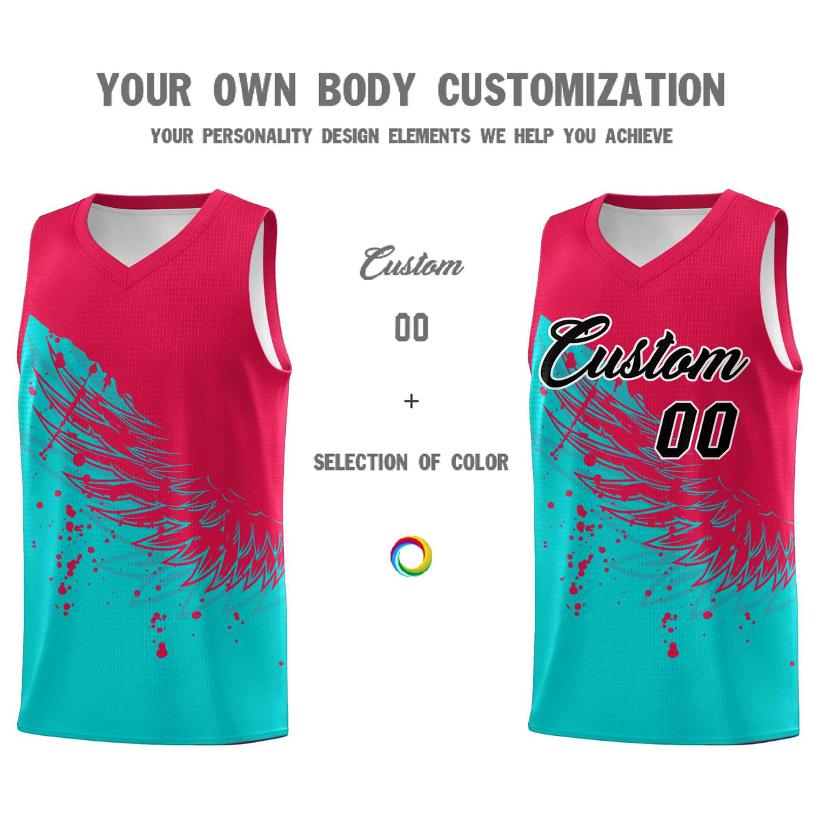Custom Aqua Red Wing Pattern Sports Uniform Basketball Jersey| KXKSHOP