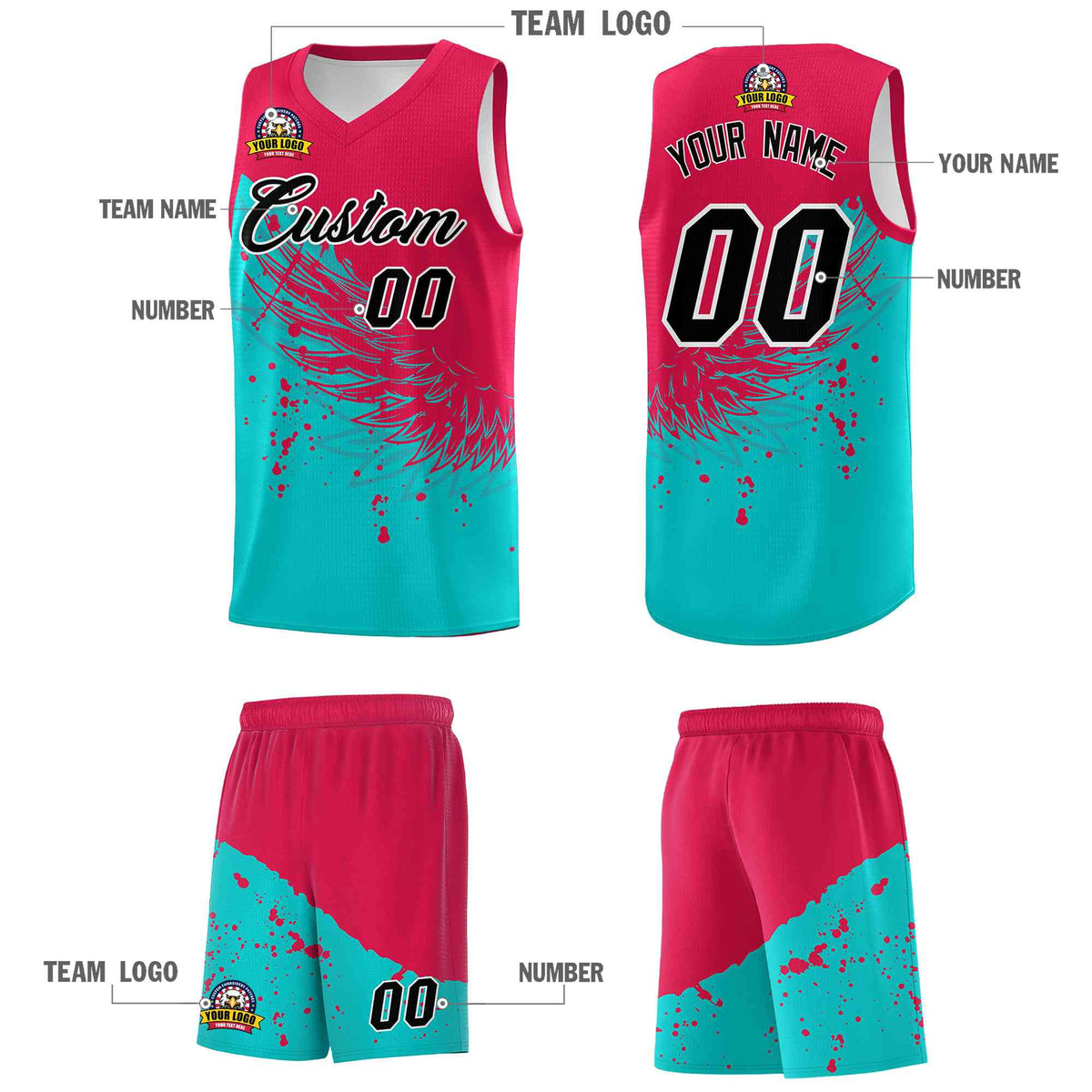 Custom Aqua Red Wing Pattern Sports Uniform Basketball Jersey