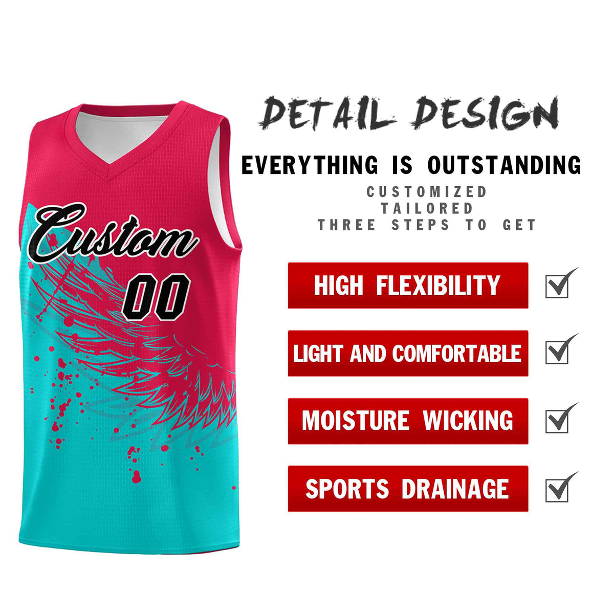 Custom Aqua Red Wing Pattern Sports Uniform Basketball Jersey| KXKSHOP