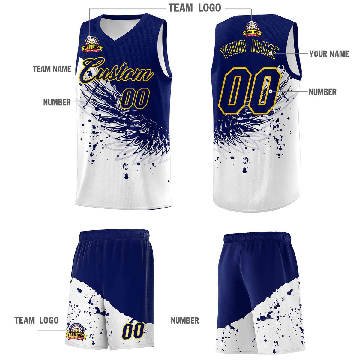 Custom White Navy Wing Pattern Sports Uniform Basketball Jersey| KXKSHOP