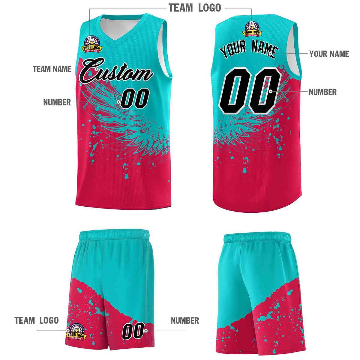 Custom Red Aqua Wing Pattern Sports Uniform Basketball Jersey