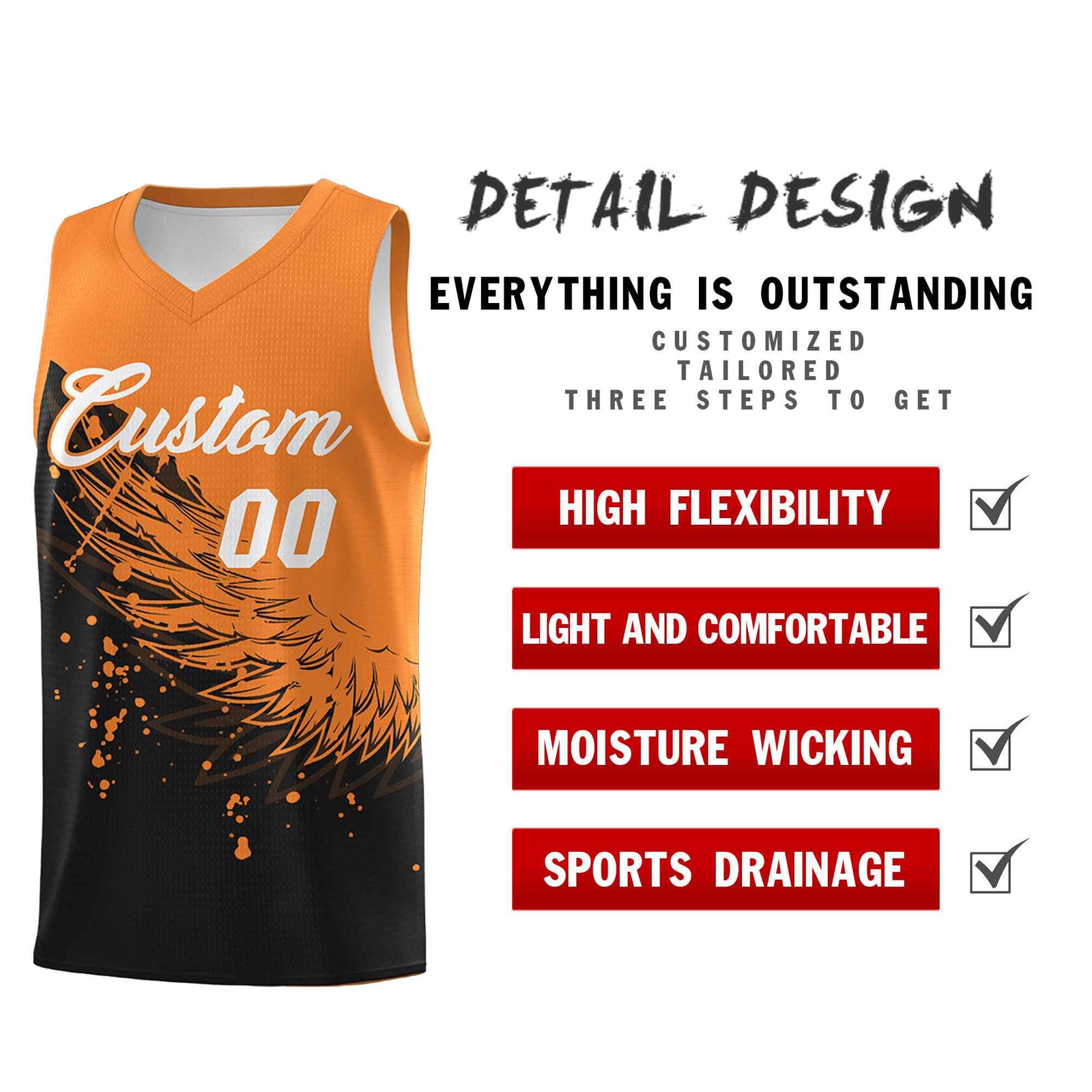 Custom Black Gold Orange Wing Pattern Sports Uniform Basketball Jersey| KXKSHOP